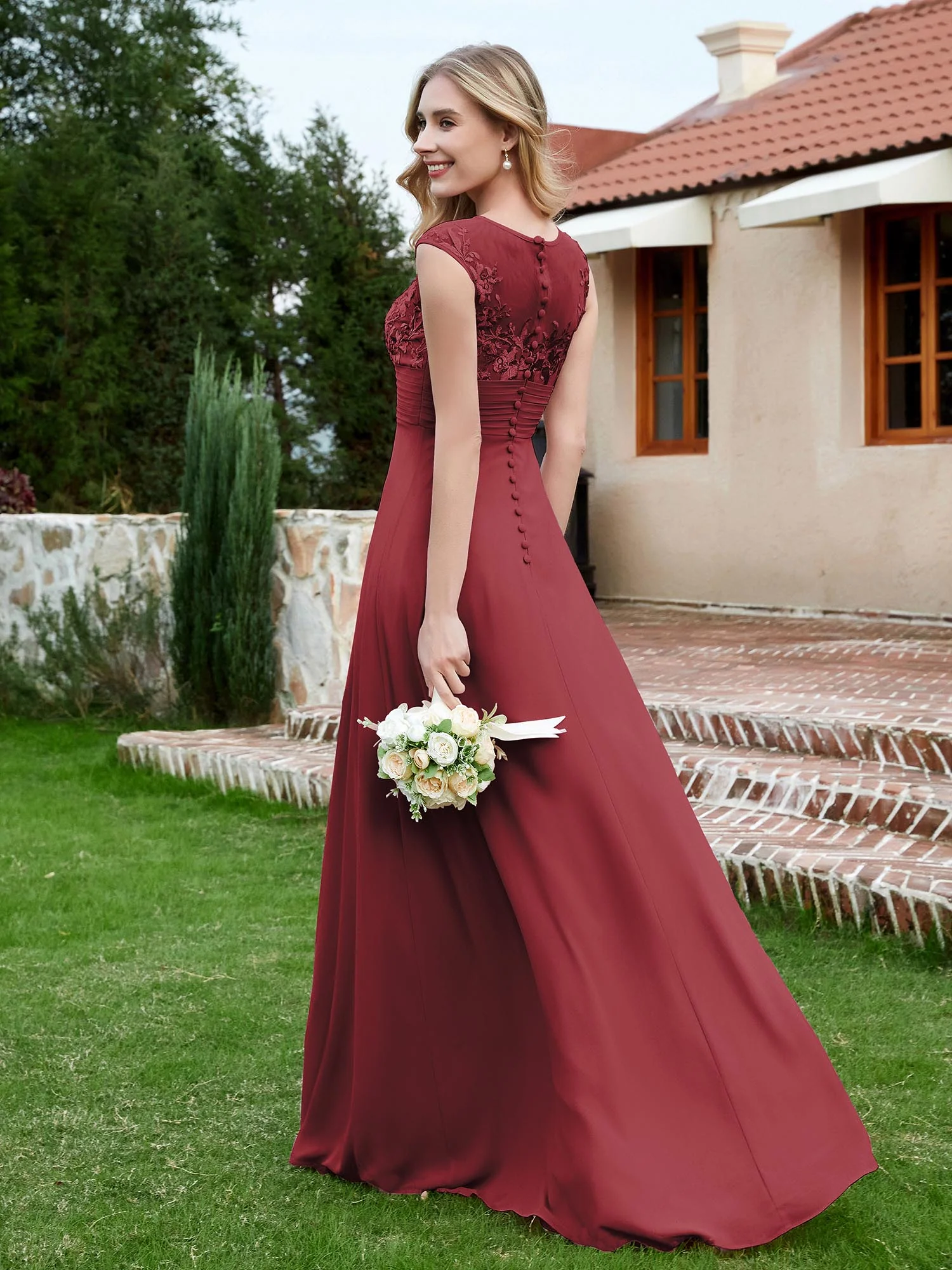 Chiffon And Lace Floor-length A-line Dress Cinnamon Rose - Image 2