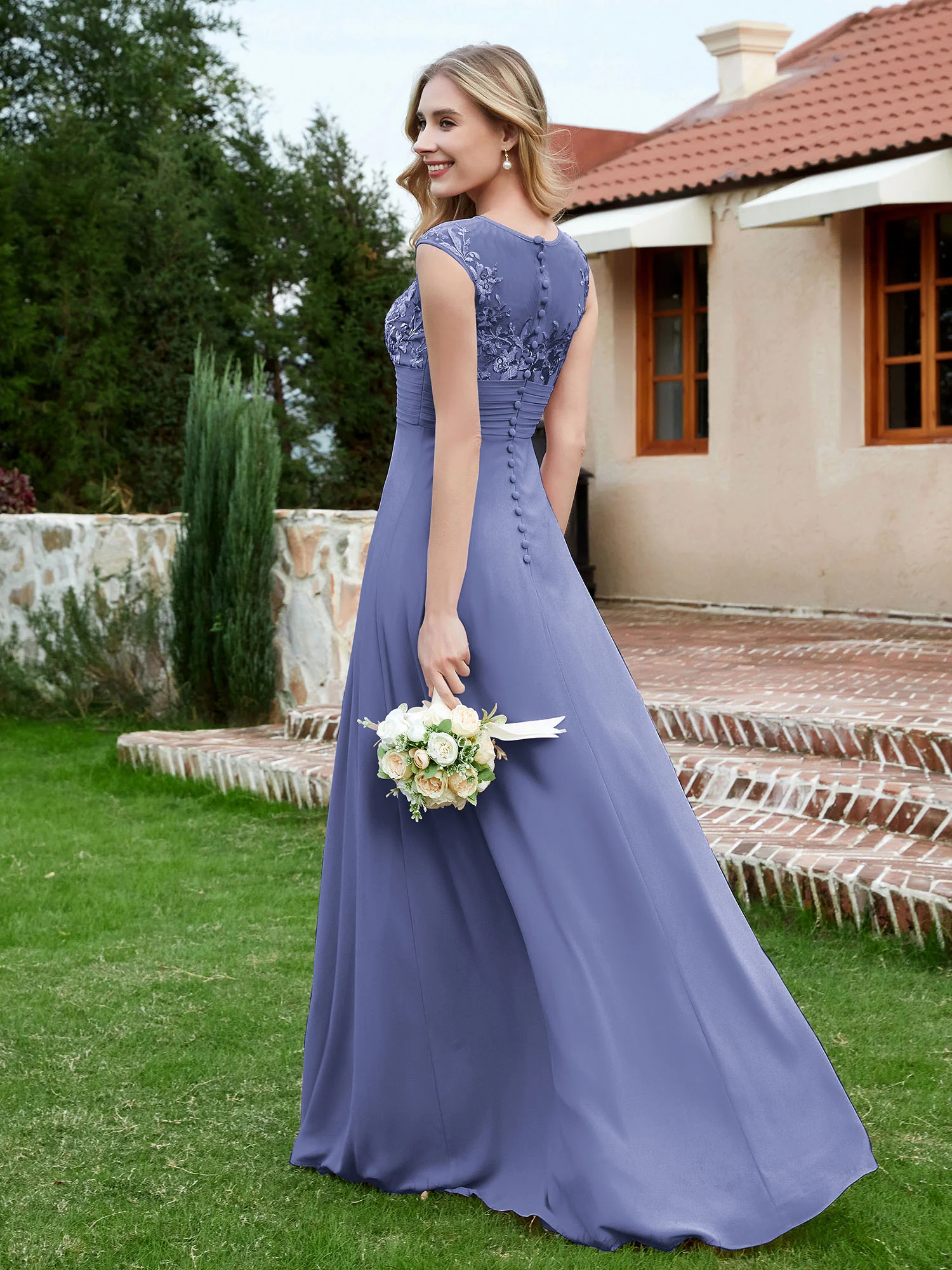 Chiffon And Lace Floor-length A-line Dress Periwinkle - Image 2