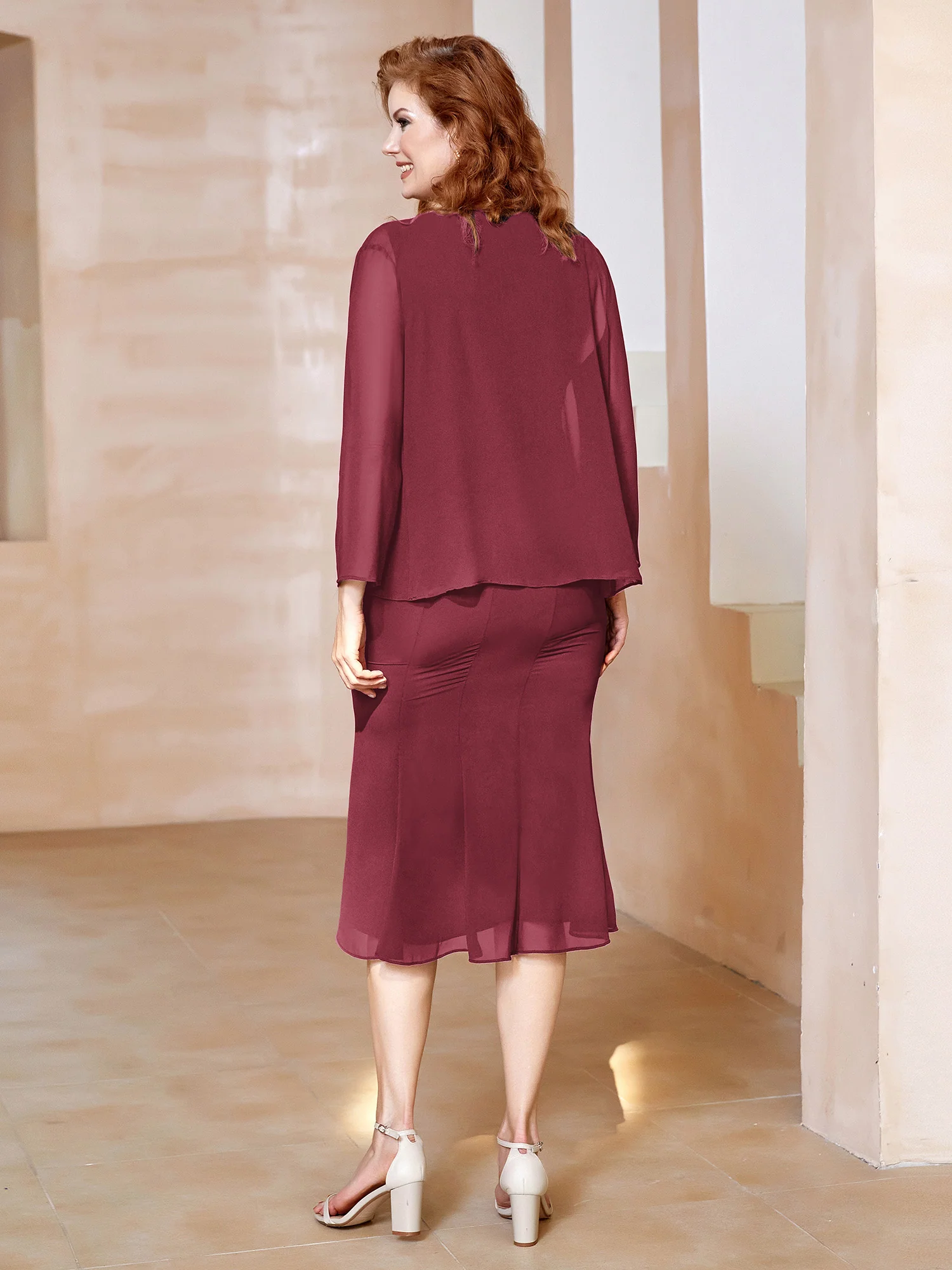 Chiffon Beaded Tea-length Dress with Jacket Cinnamon Rose - Image 2
