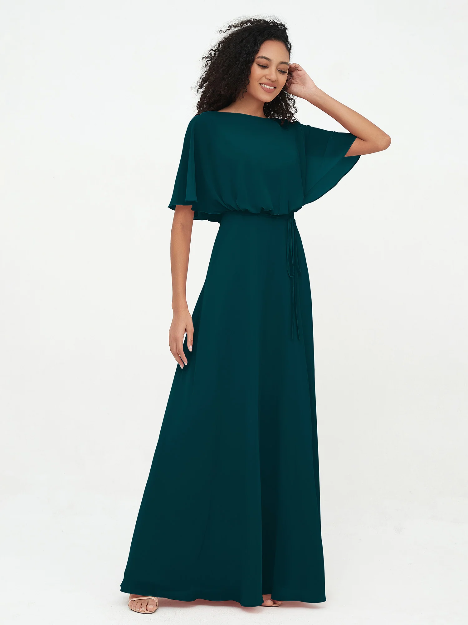 Chiffon Full Length Bridesmaid Dresses with Wrap Pine - Image 3