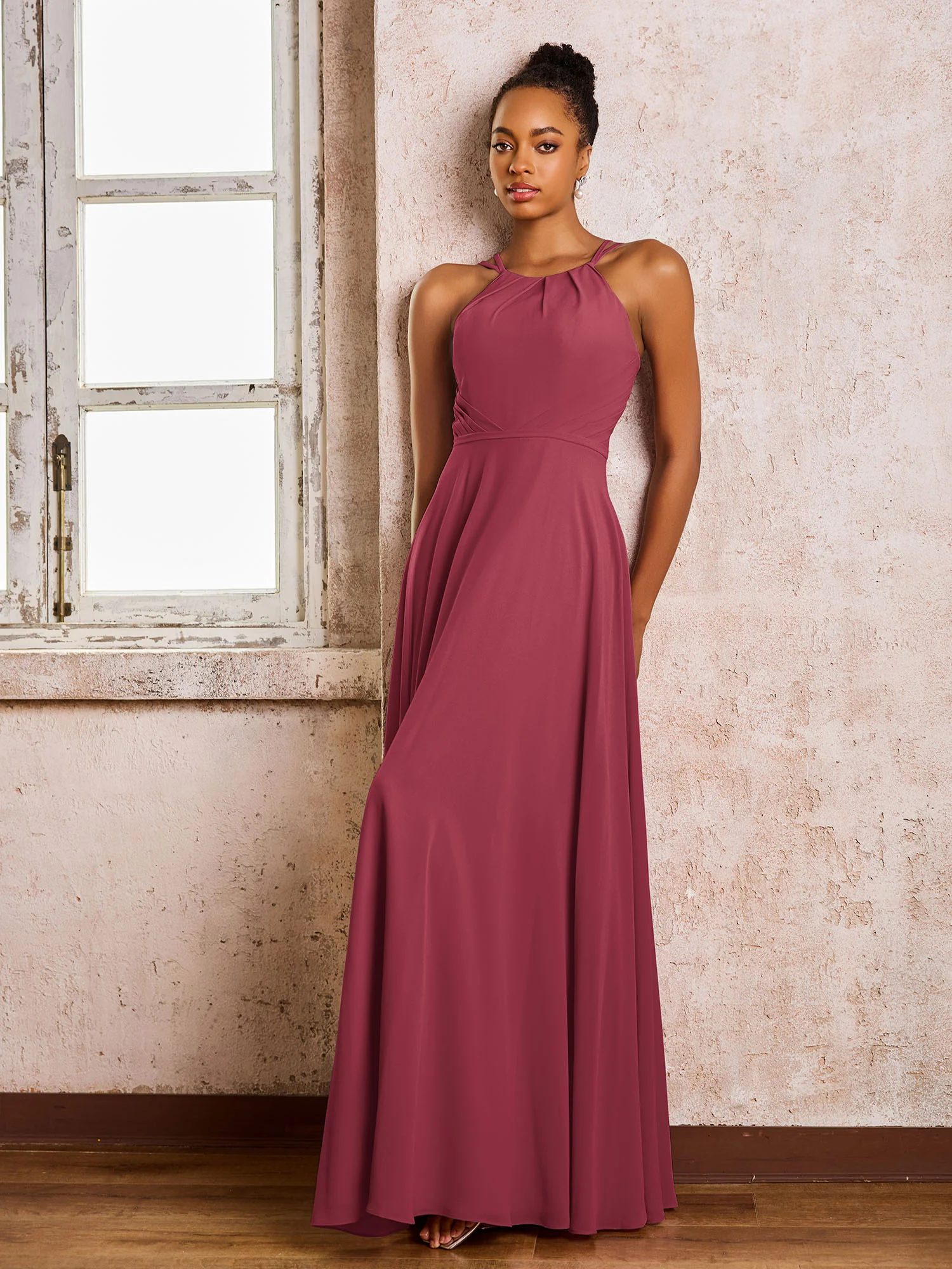 Chiffon Halter Floor-length Bridesmaid Dresses Cinnamon Rose - Image 3