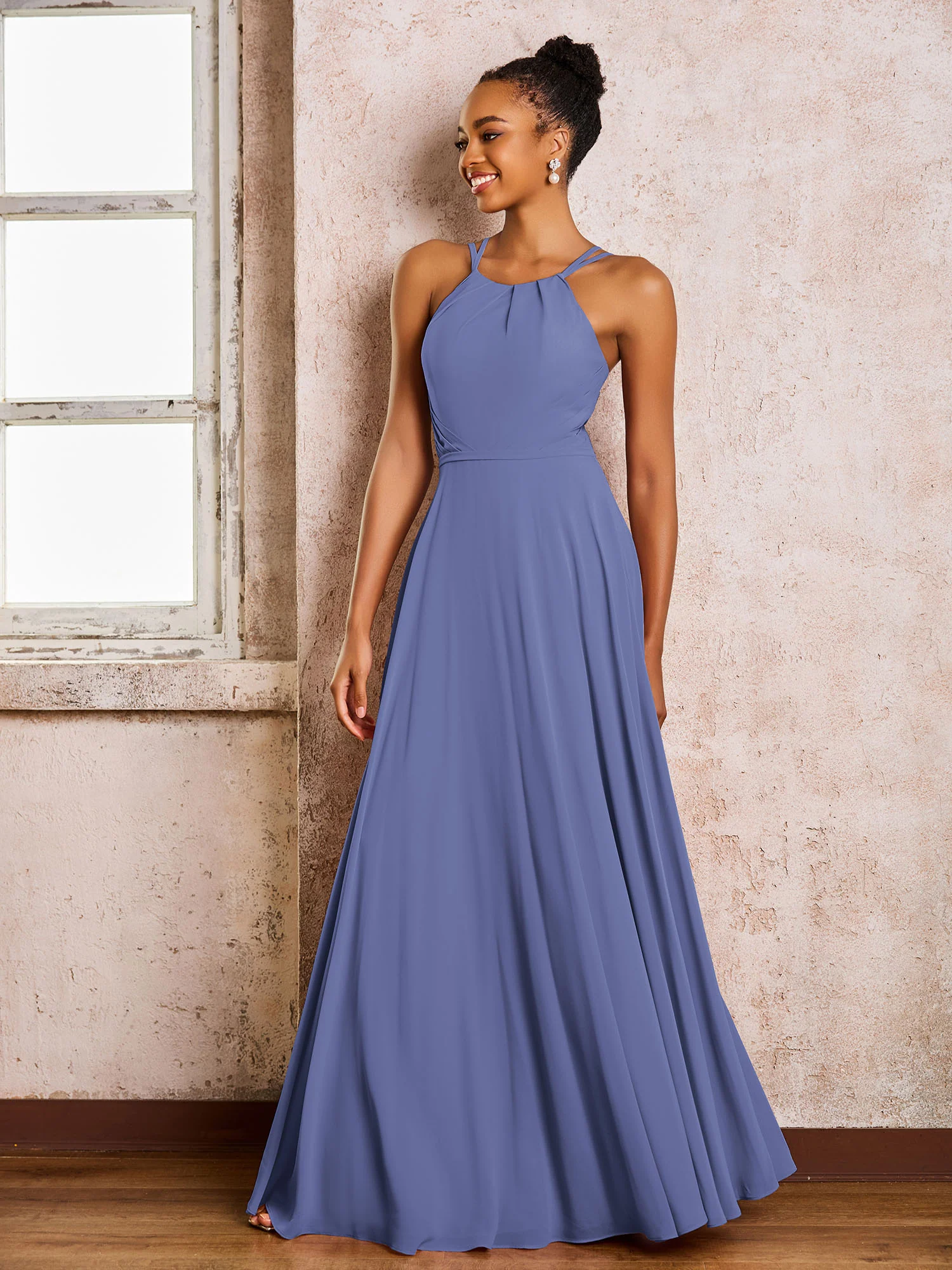 Chiffon Halter Floor-length Bridesmaid Dresses Periwinkle