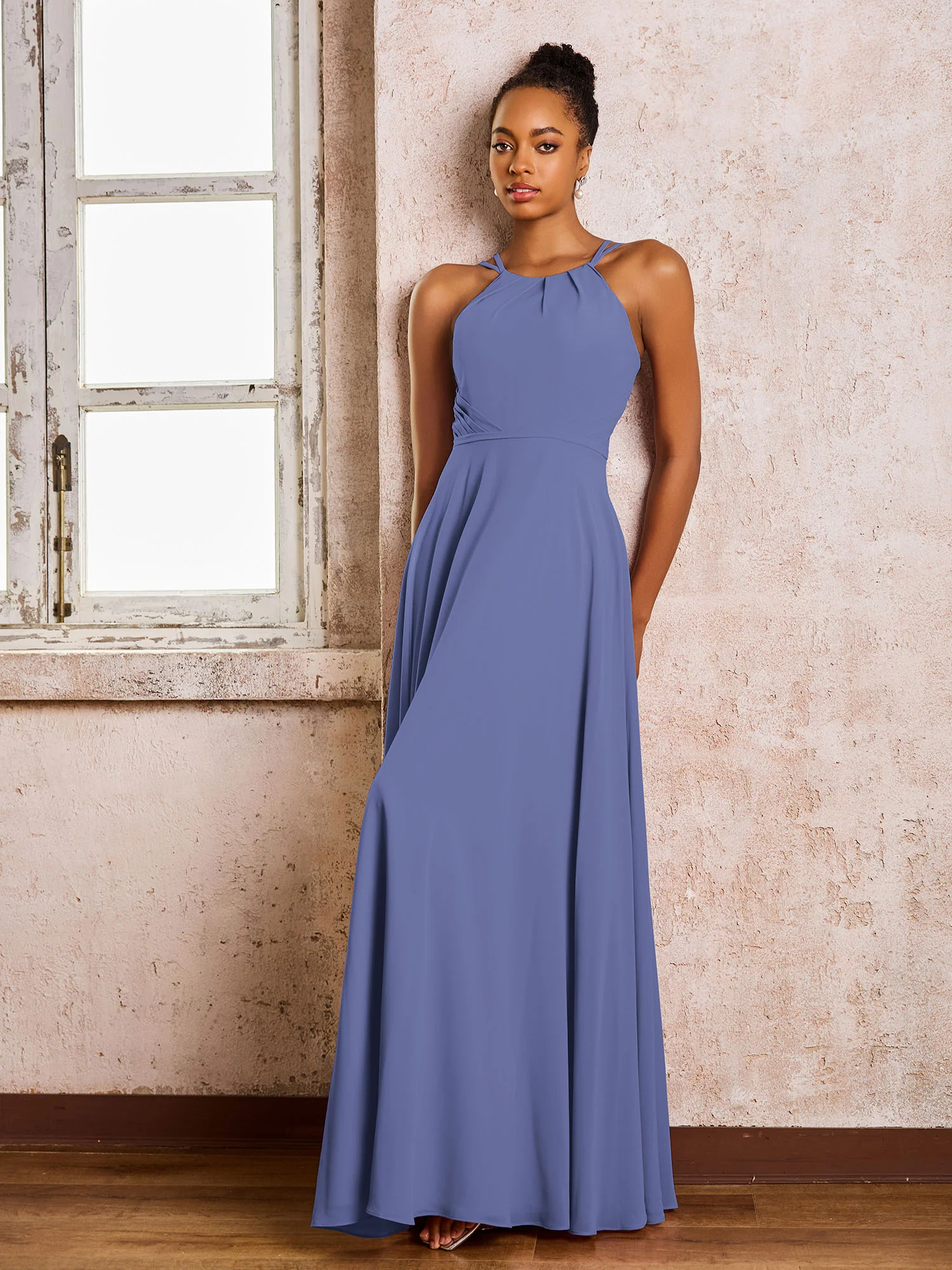Chiffon Halter Floor-length Bridesmaid Dresses Periwinkle - Image 3