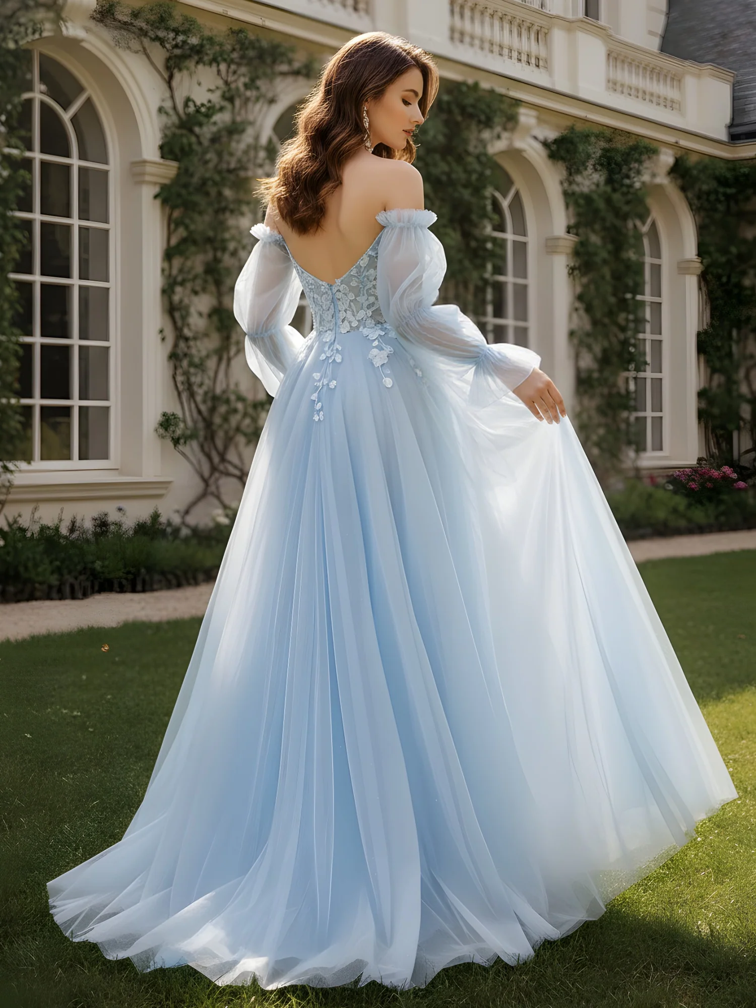 3D Floral Applique Off-Shoulder Tulle Gown Sky Blue - Image 2