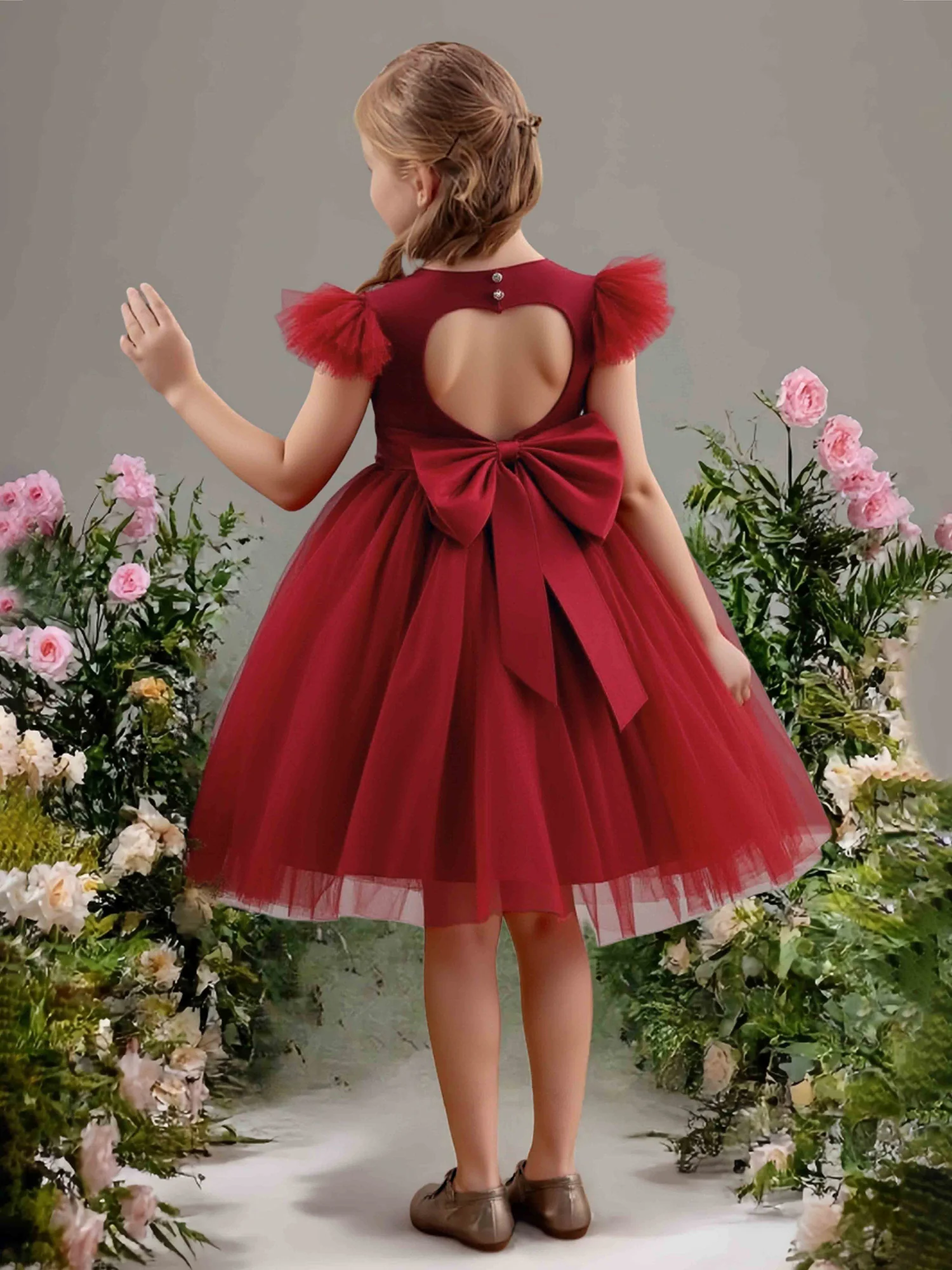 Ruffle Sleeve Heart Back Keyhole Flower Girl Dress Red - Image 2