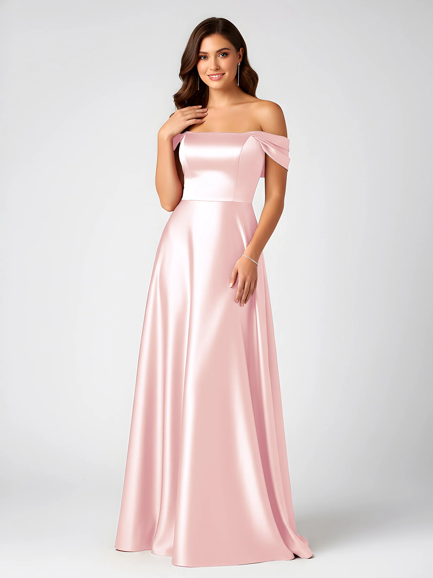 Off-Shoulder Folded Sleeve A-Line Satin Gown Blushing Pink