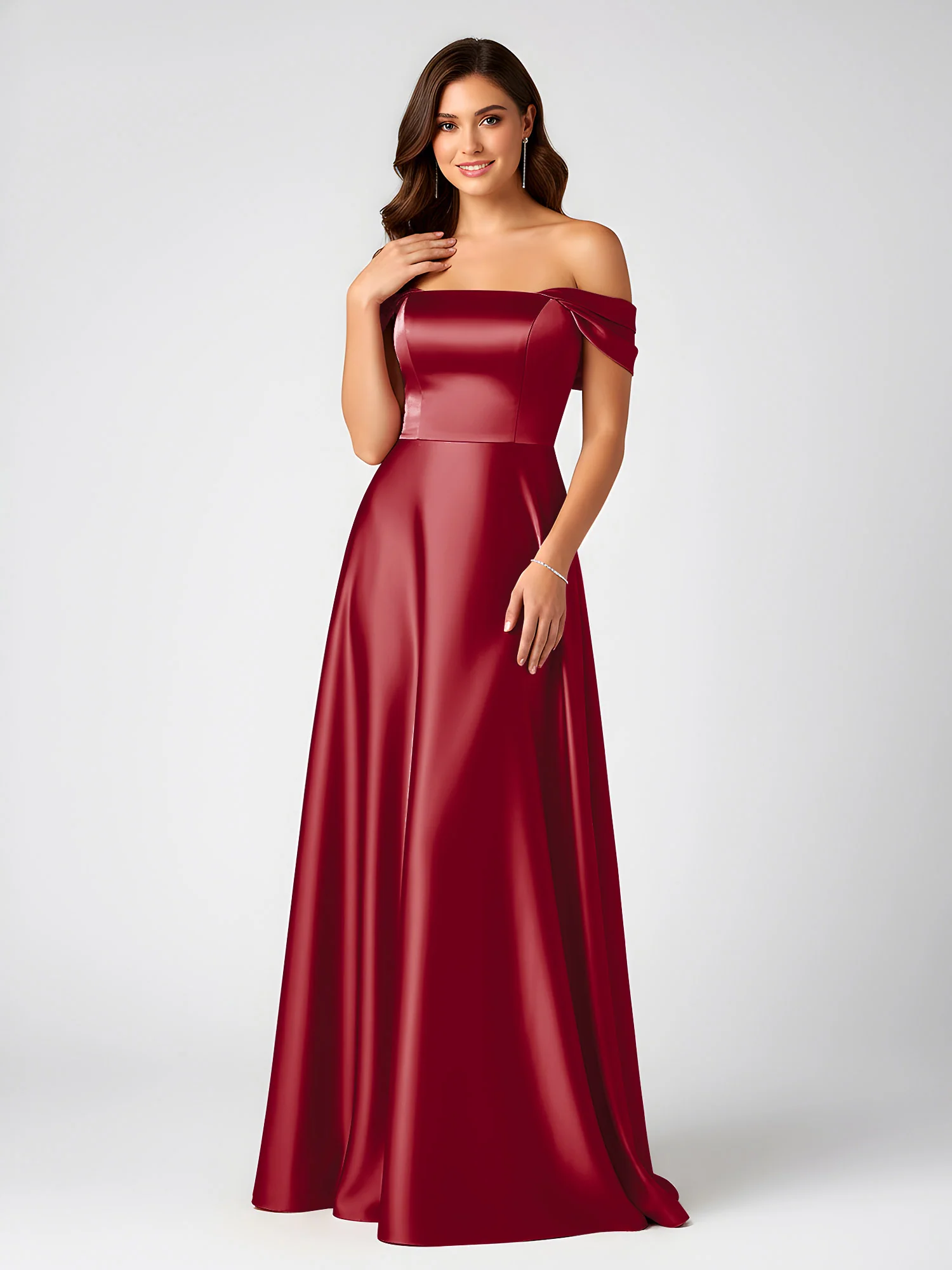 Off-Shoulder Folded Sleeve A-Line Satin Gown Burgundy