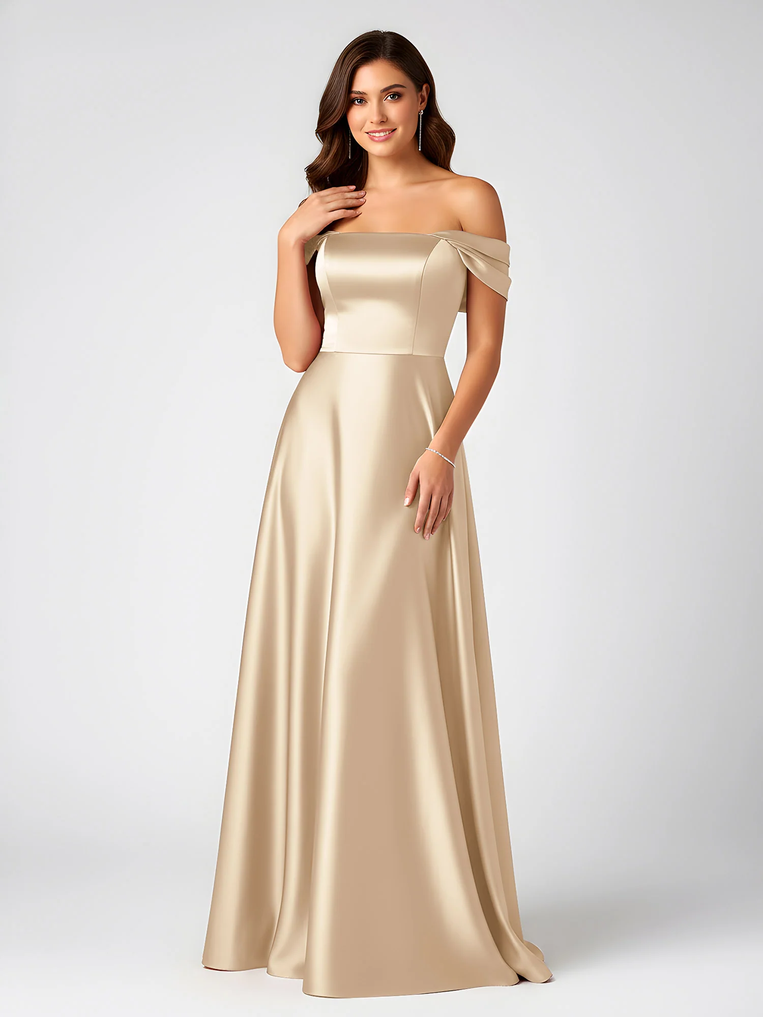 Off-Shoulder Folded Sleeve A-Line Satin Gown Champagne