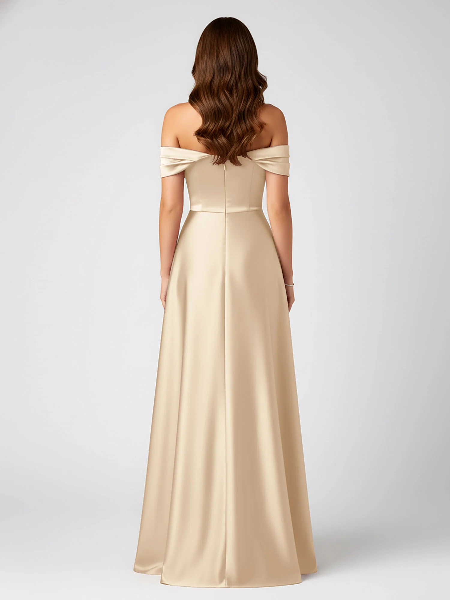 Off-Shoulder Folded Sleeve A-Line Satin Gown Champagne - Image 2