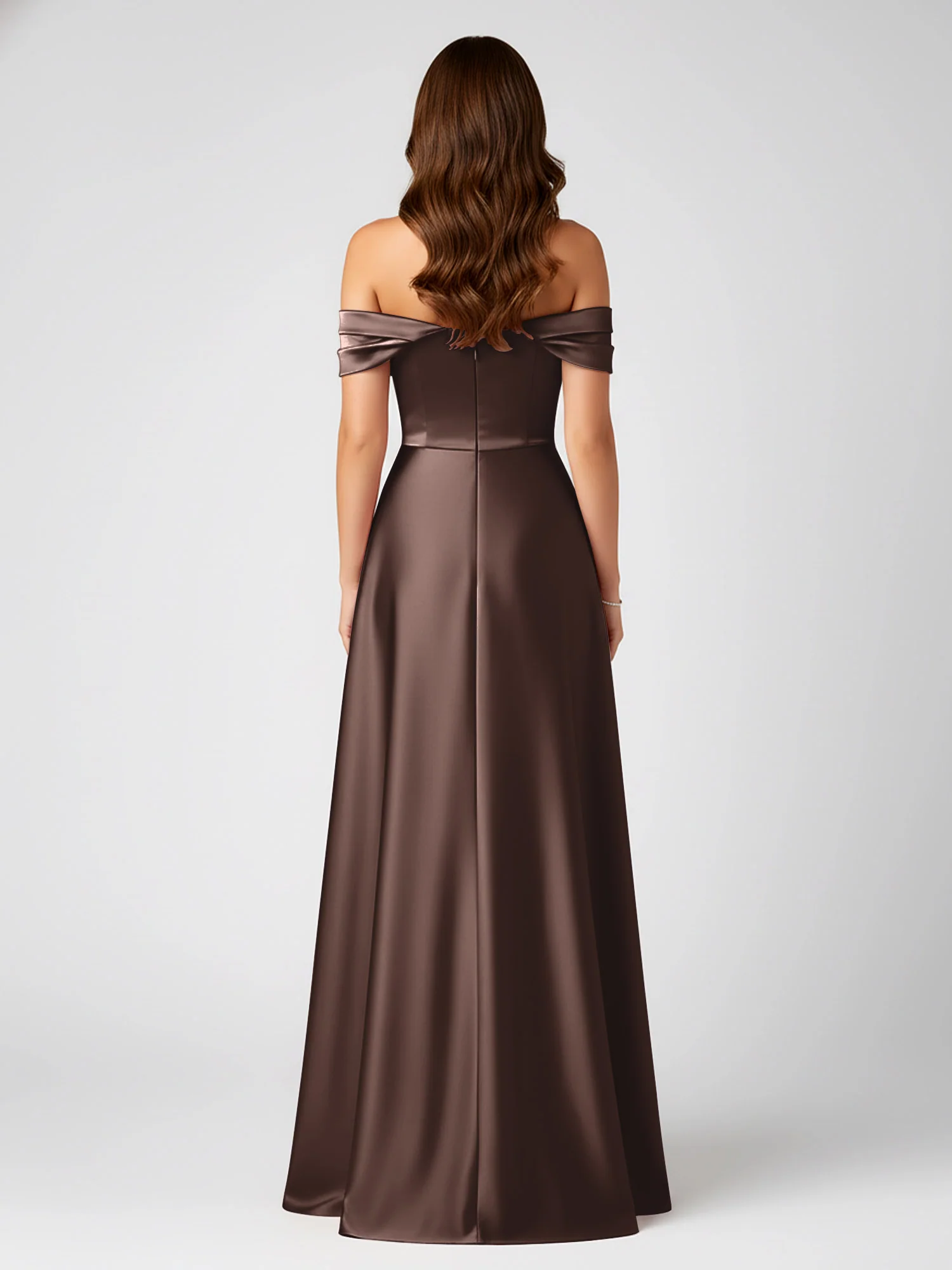 Off-Shoulder Folded Sleeve A-Line Satin Gown Chocolate - Image 2