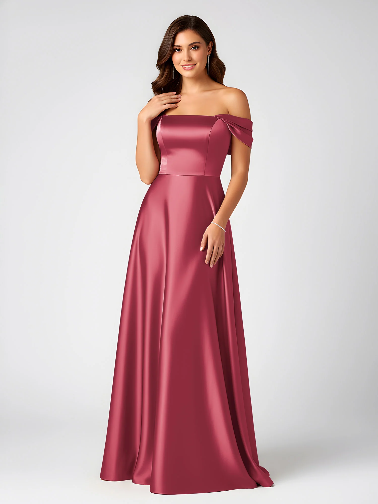 Off-Shoulder Folded Sleeve A-Line Satin Gown Cinnamon Rose