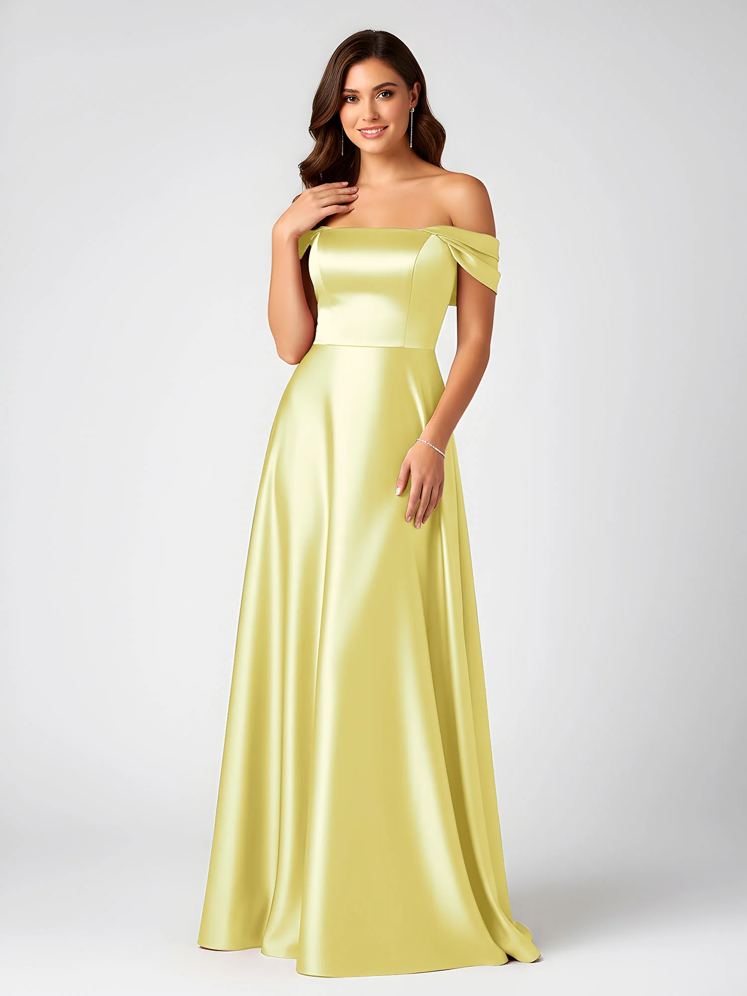Off-Shoulder Folded Sleeve A-Line Satin Gown Daffodil