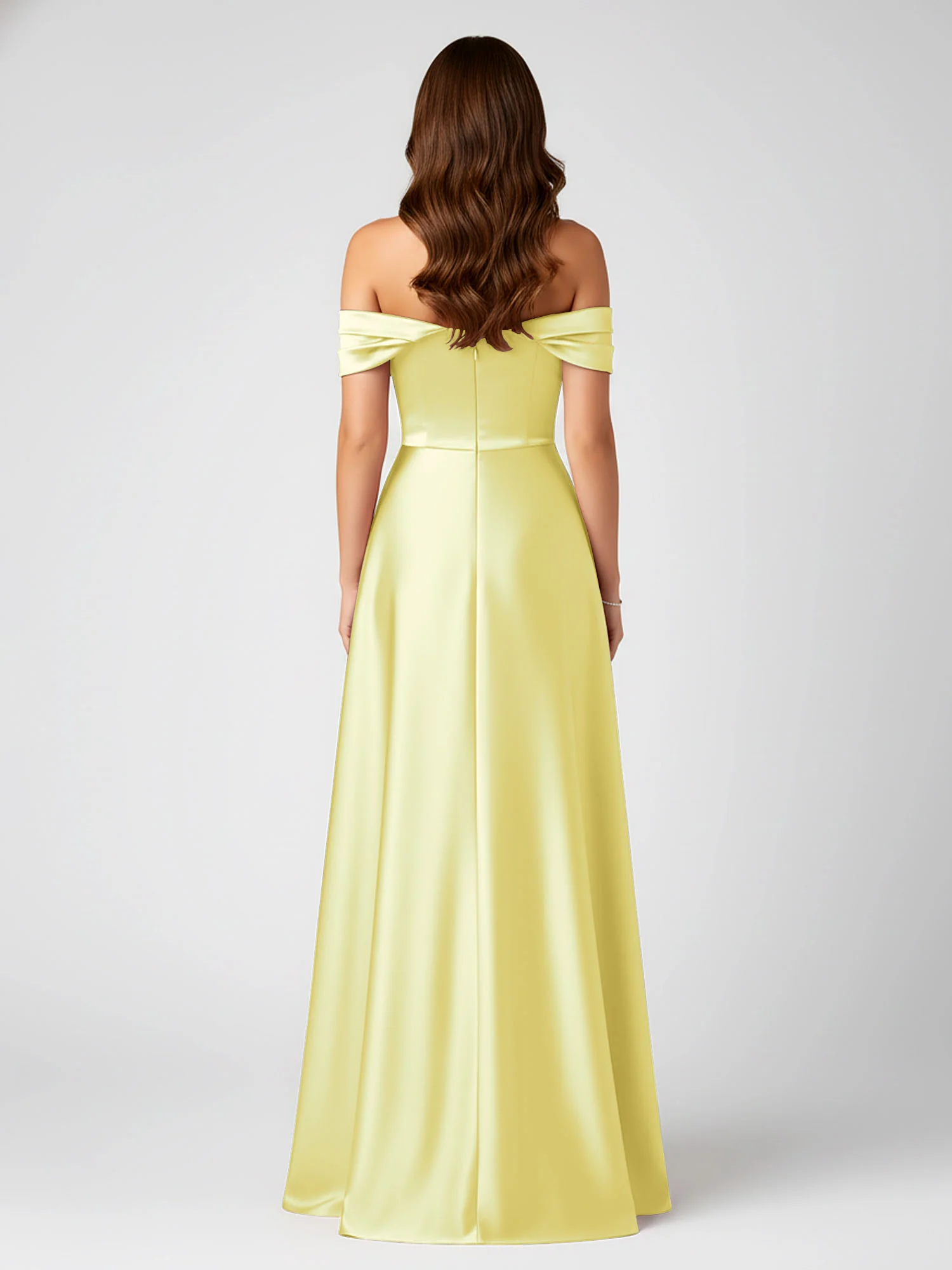 Off-Shoulder Folded Sleeve A-Line Satin Gown Daffodil - Image 2