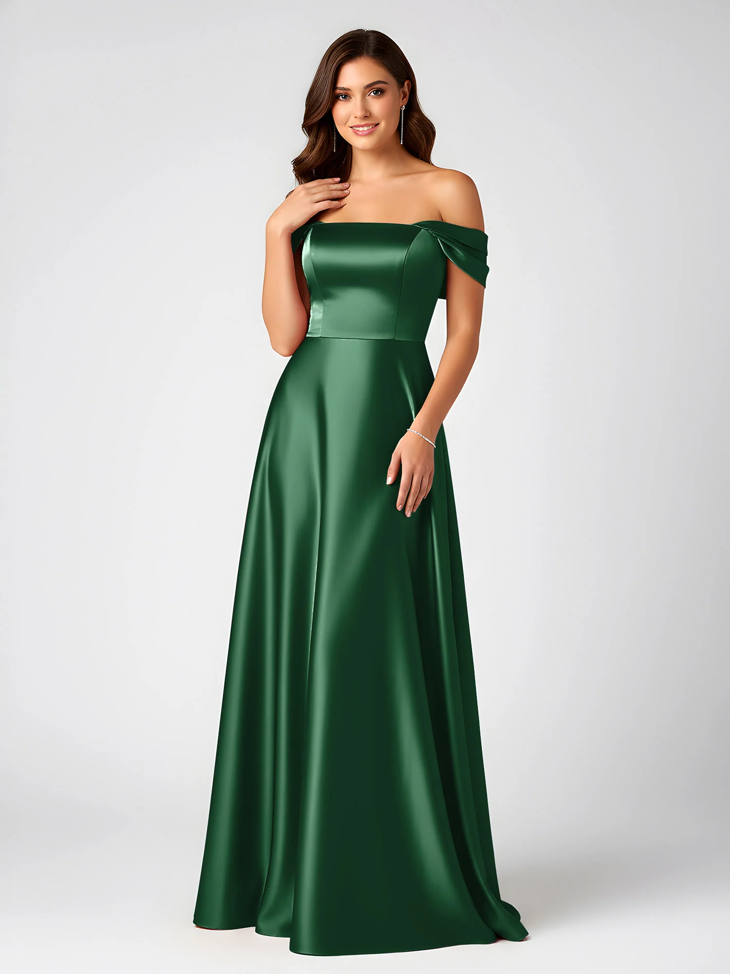 Off-Shoulder Folded Sleeve A-Line Satin Gown Dark Green