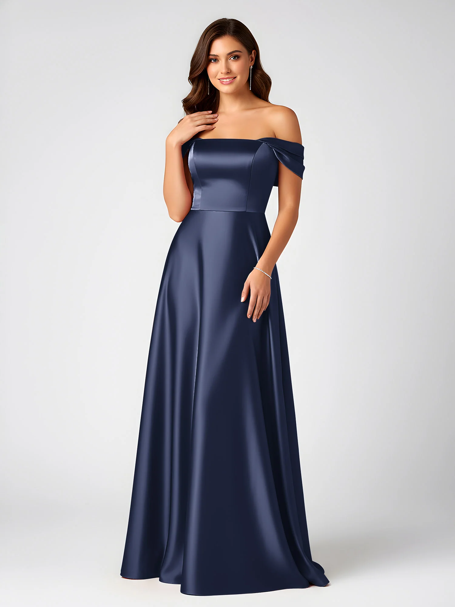 Off-Shoulder Folded Sleeve A-Line Satin Gown Dark Navy