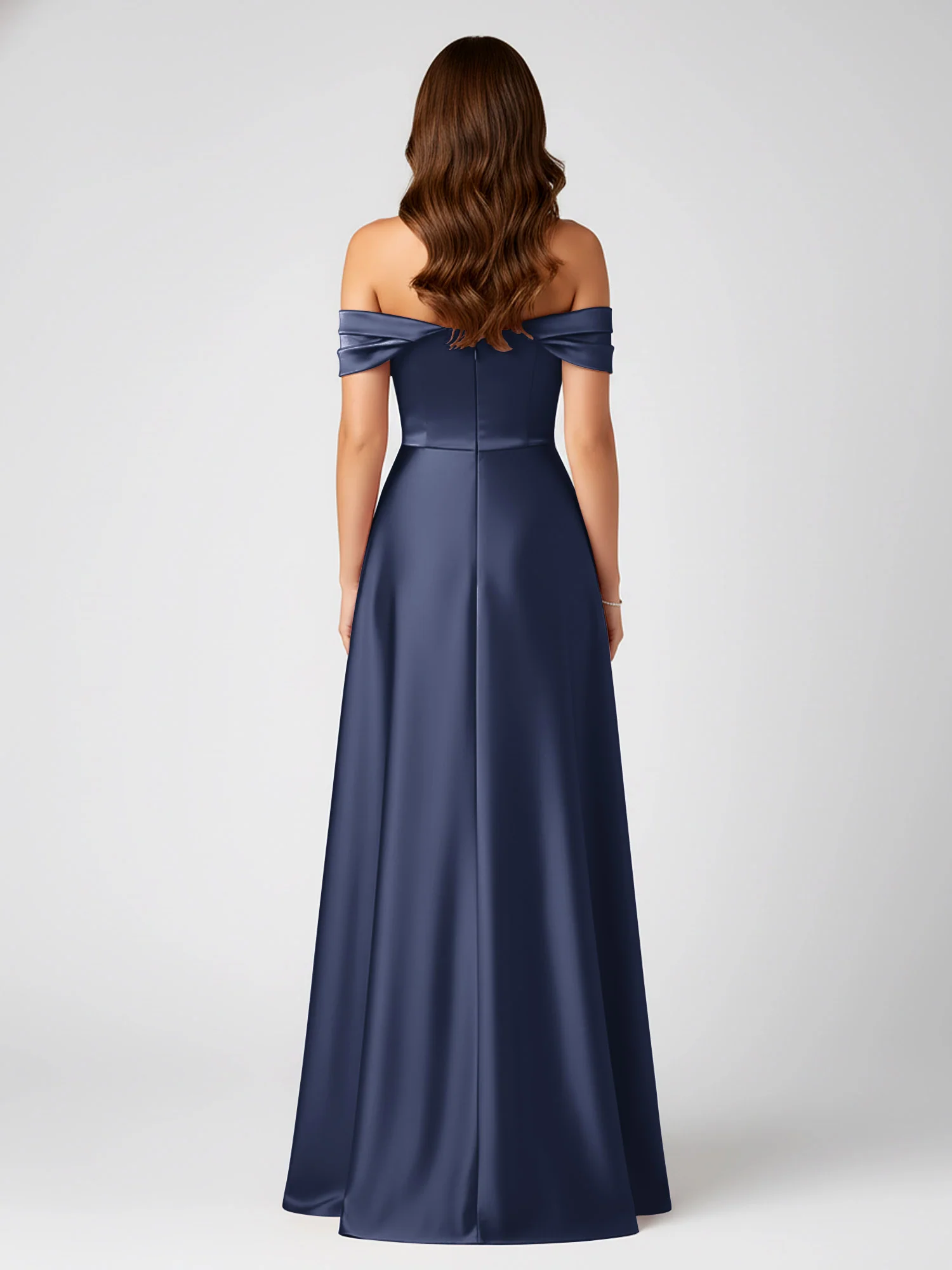 Off-Shoulder Folded Sleeve A-Line Satin Gown Dark Navy - Image 2