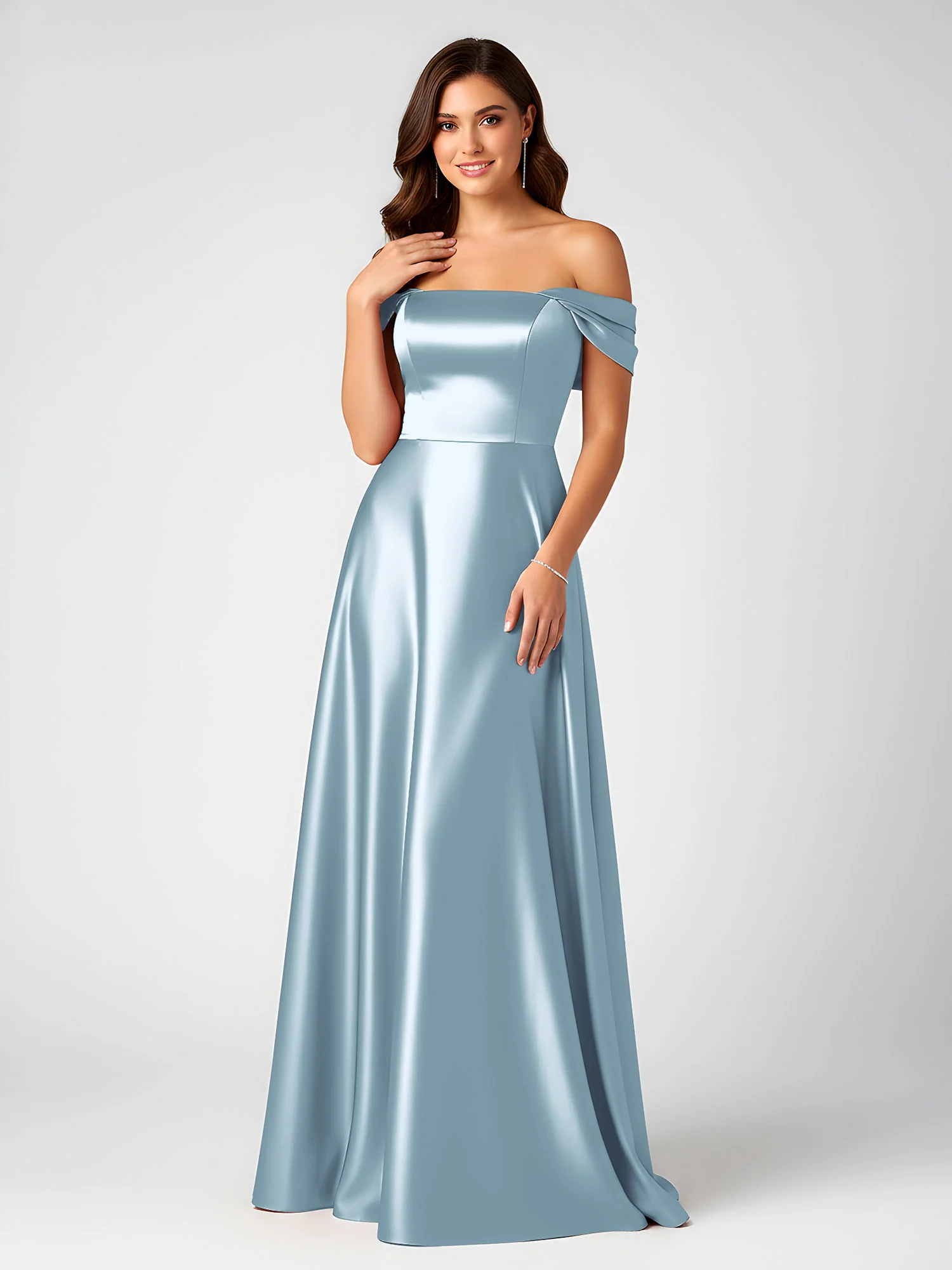 Off-Shoulder Folded Sleeve A-Line Satin Gown Dusty Blue