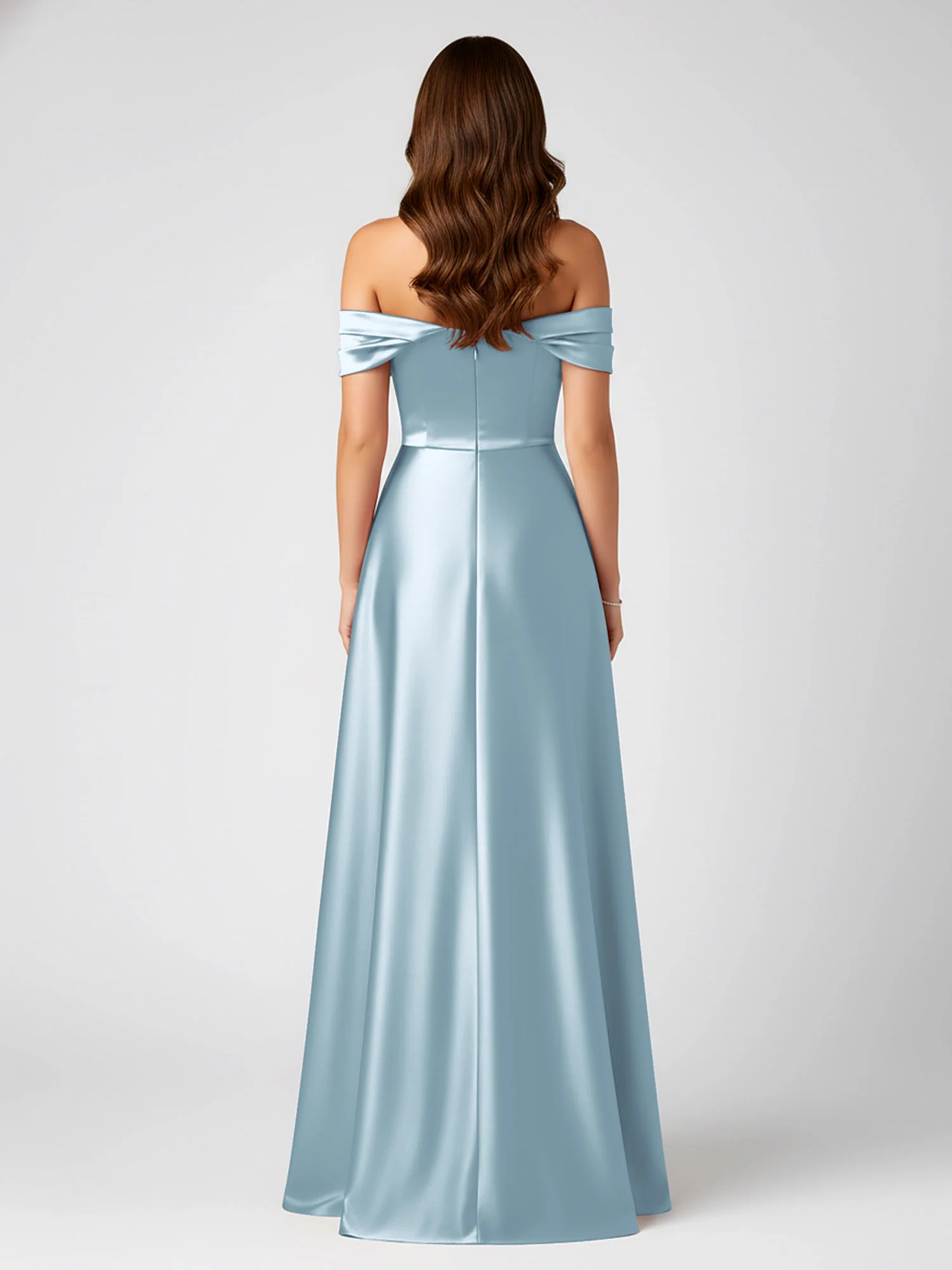 Off-Shoulder Folded Sleeve A-Line Satin Gown Dusty Blue - Image 2
