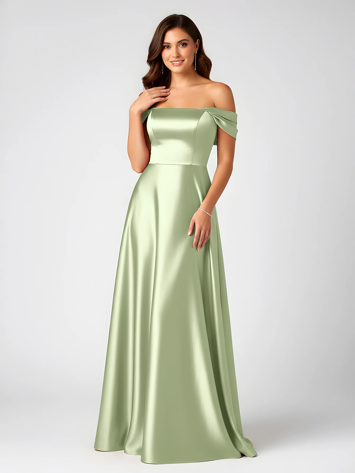 Off-Shoulder Folded Sleeve A-Line Satin Gown Dusty Sage