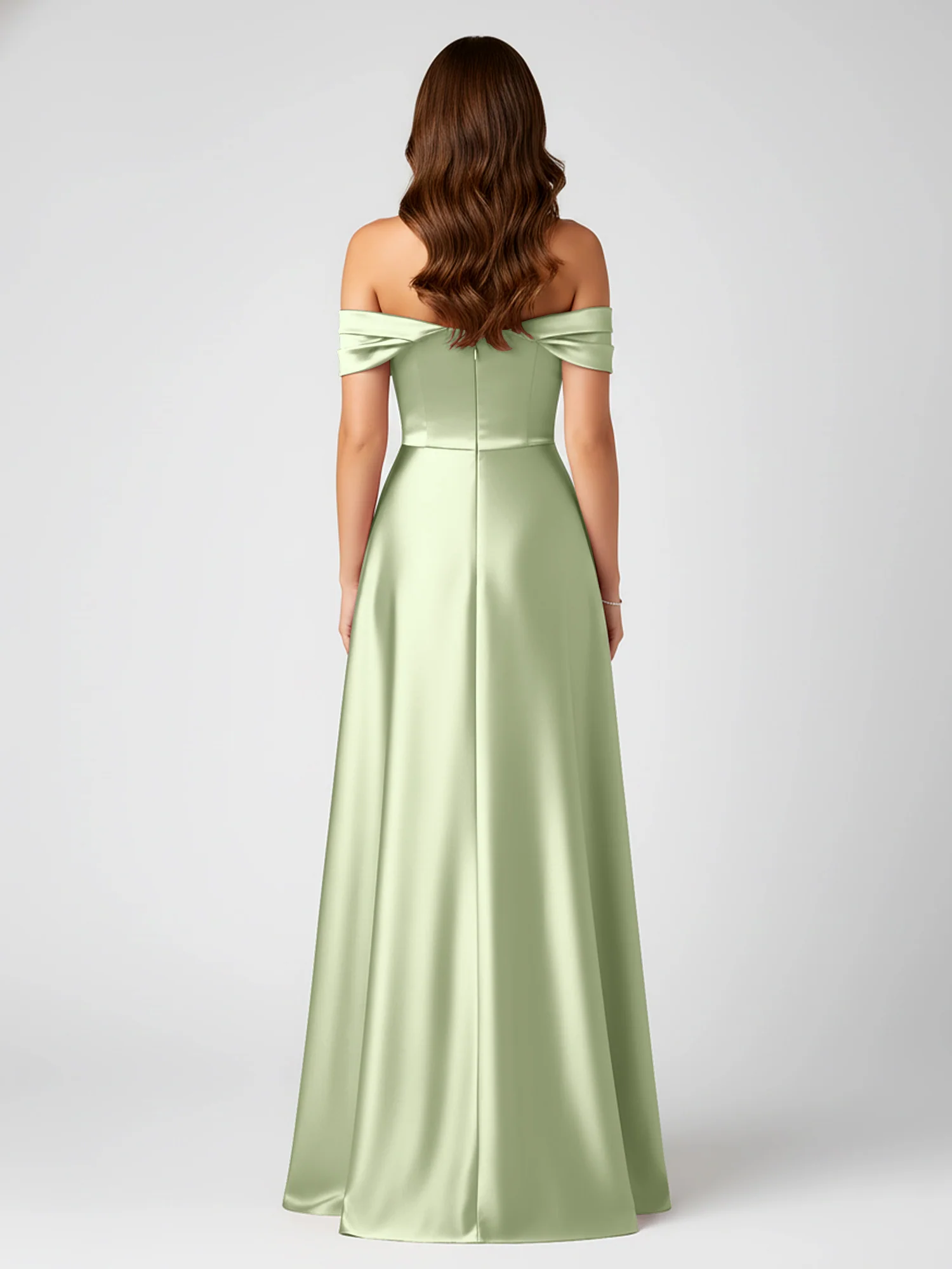 Off-Shoulder Folded Sleeve A-Line Satin Gown Dusty Sage - Image 2