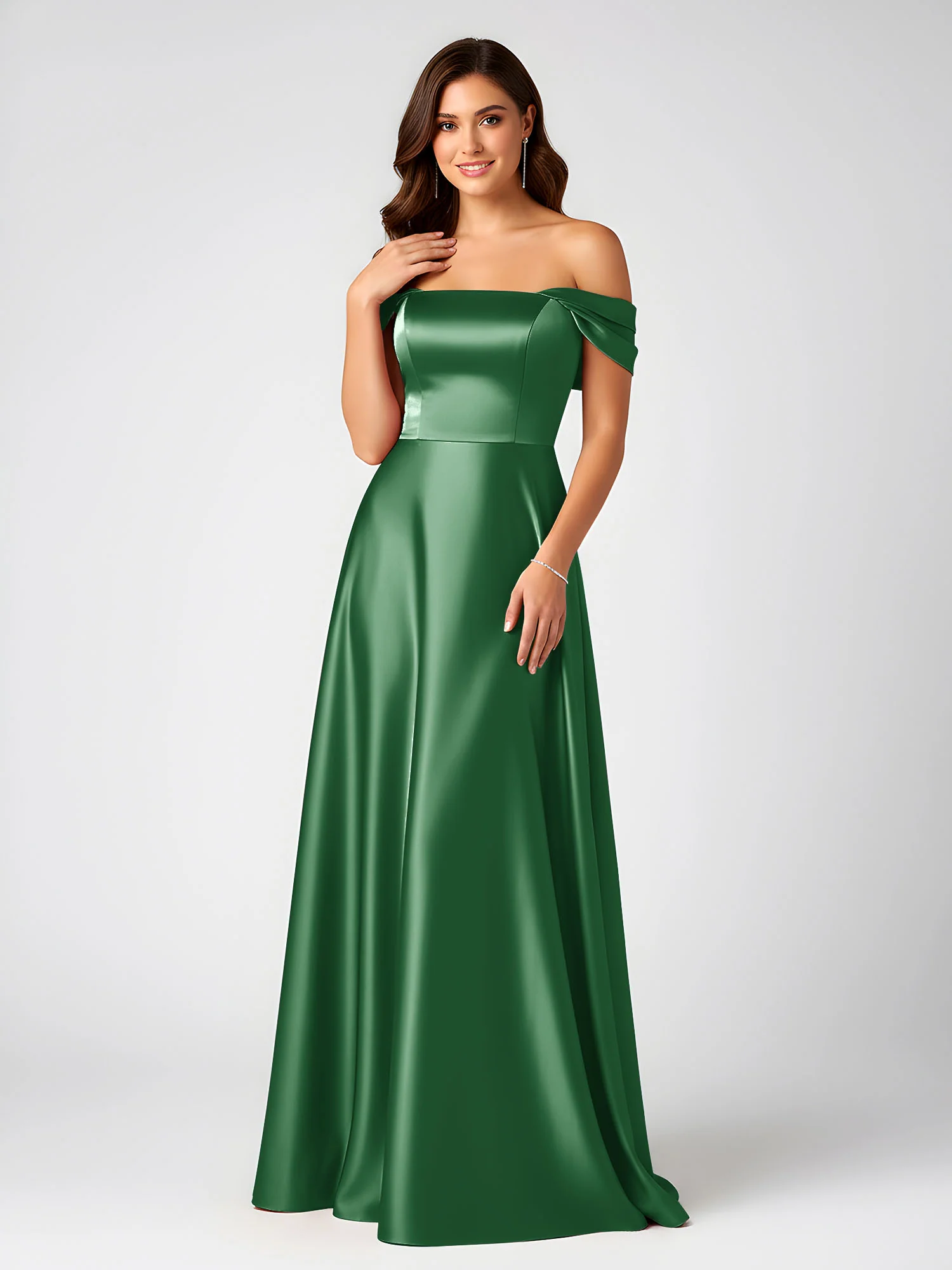 Off-Shoulder Folded Sleeve A-Line Satin Gown Emerald