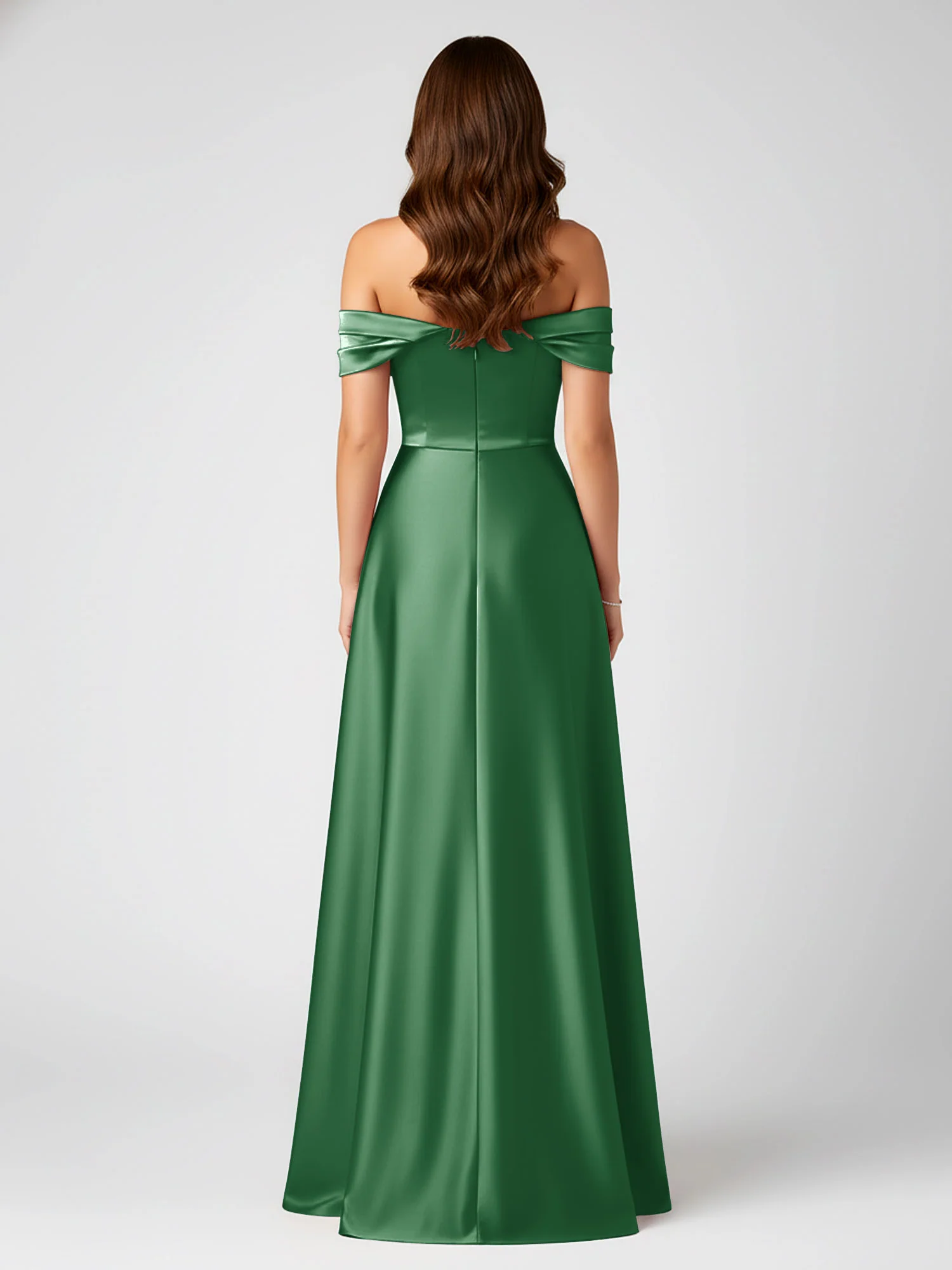 Off-Shoulder Folded Sleeve A-Line Satin Gown Emerald - Image 2
