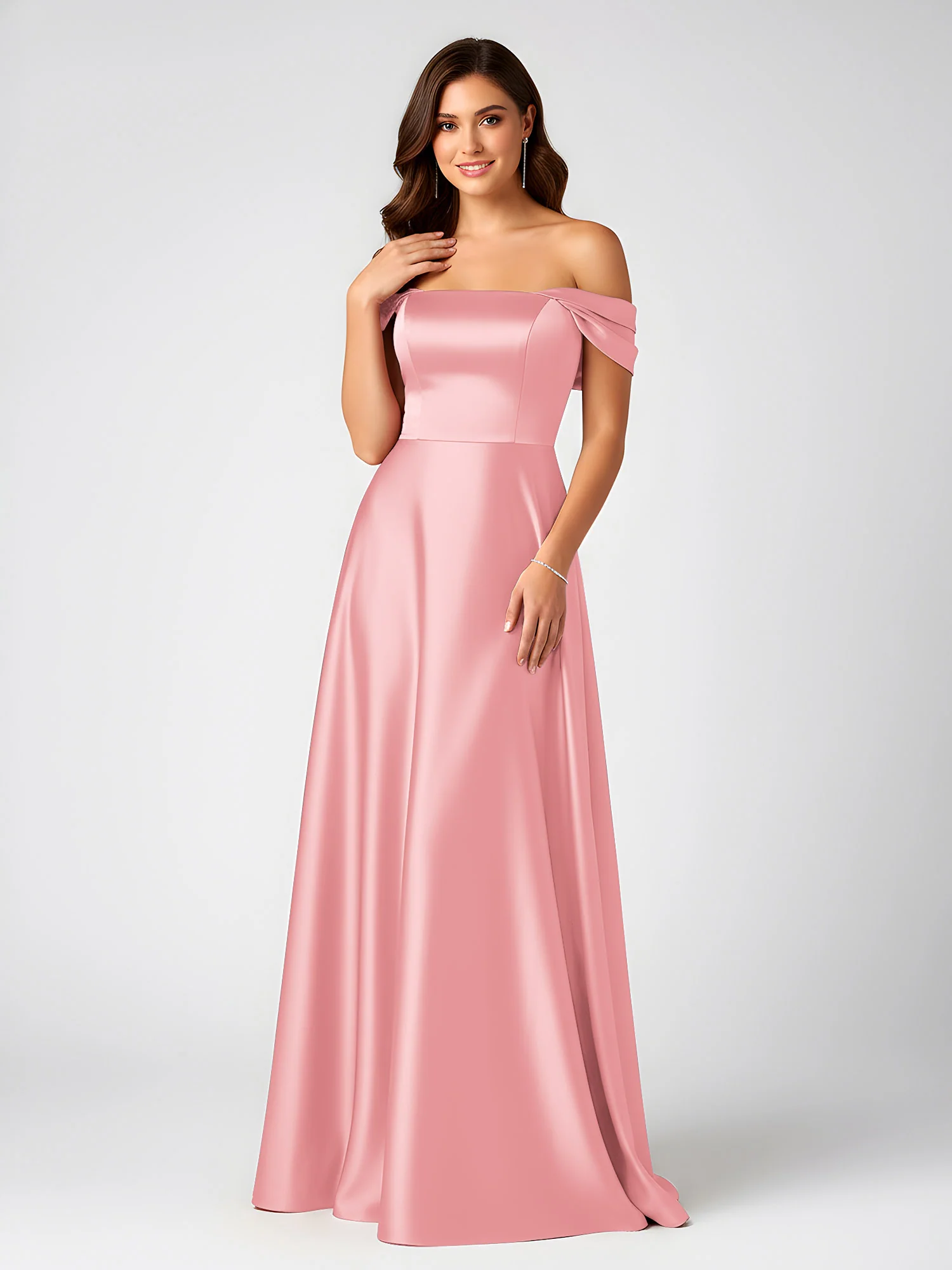 Off-Shoulder Folded Sleeve A-Line Satin Gown Flamingo