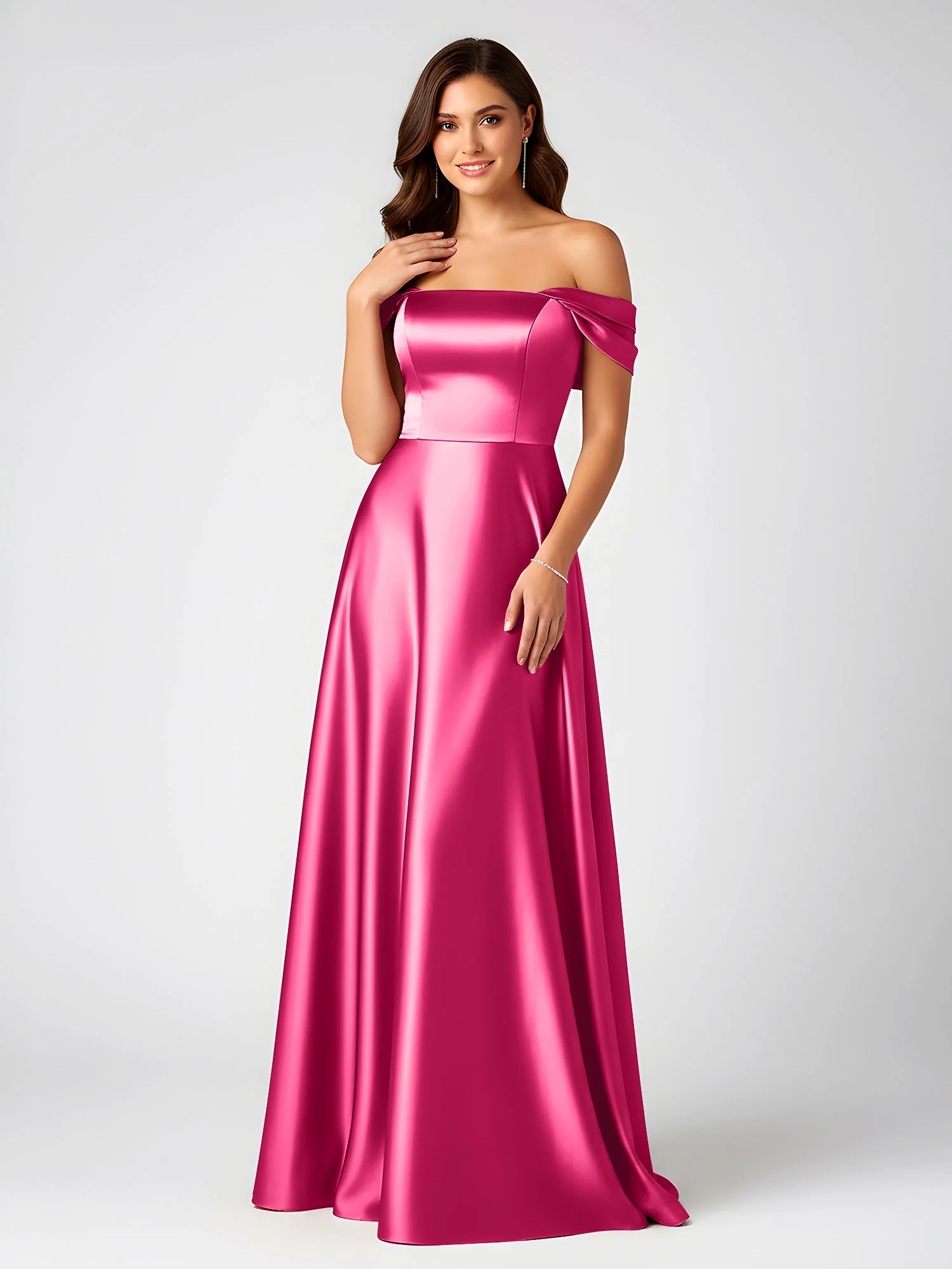 Off-Shoulder Folded Sleeve A-Line Satin Gown Fuchsia