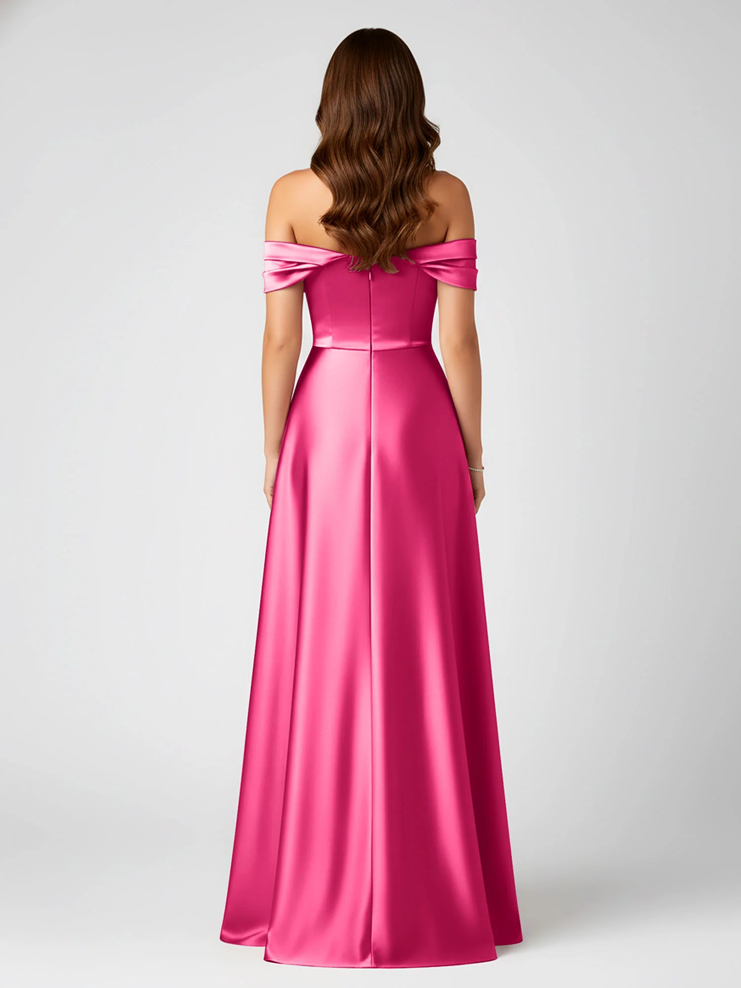 Off-Shoulder Folded Sleeve A-Line Satin Gown Fuchsia - Image 2