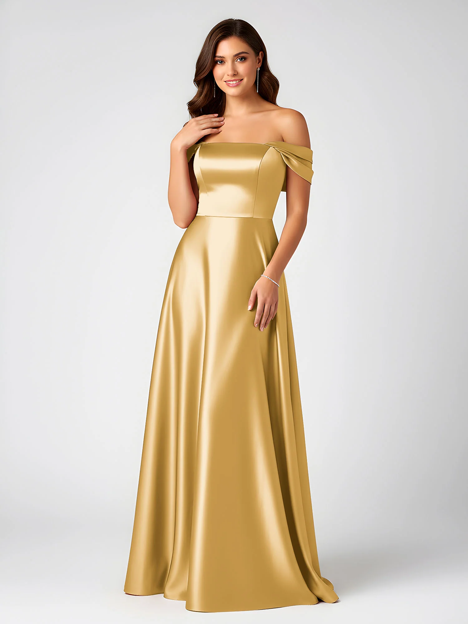 Off-Shoulder Folded Sleeve A-Line Satin Gown Gold
