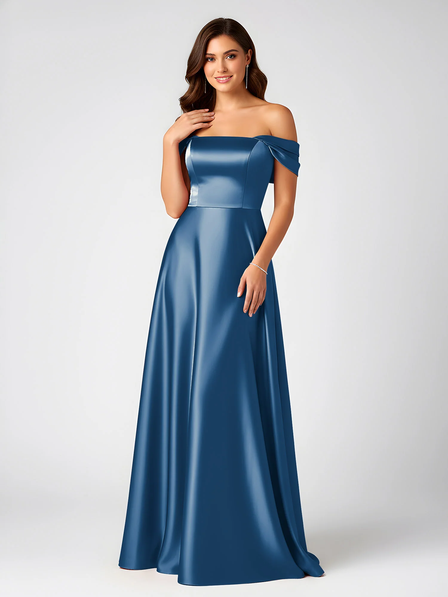 Off-Shoulder Folded Sleeve A-Line Satin Gown Ink Blue