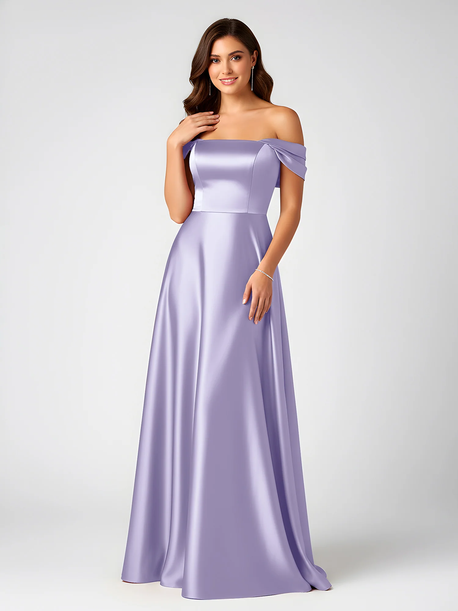 Off-Shoulder Folded Sleeve A-Line Satin Gown Lavender