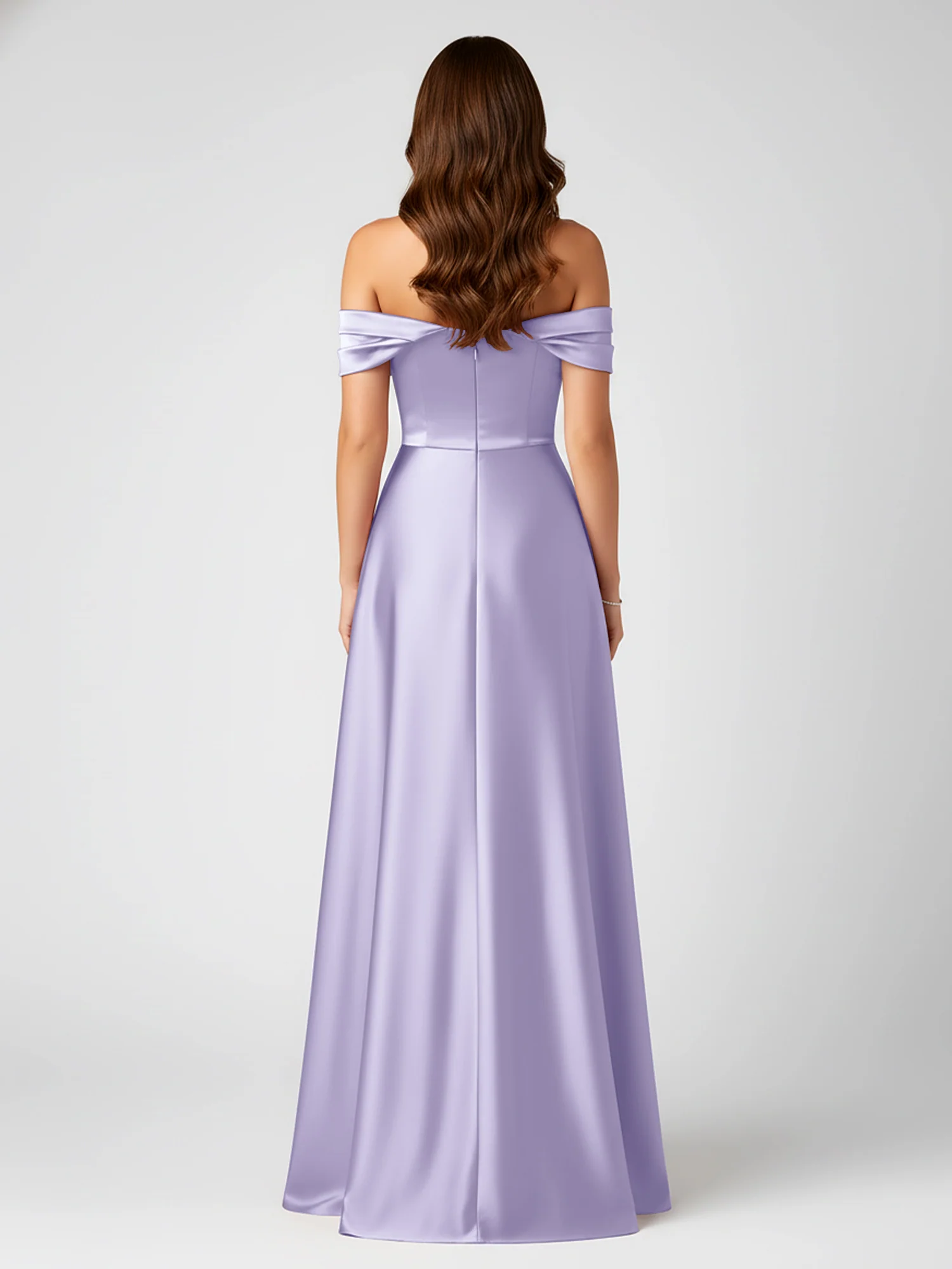 Off-Shoulder Folded Sleeve A-Line Satin Gown Lavender - Image 2