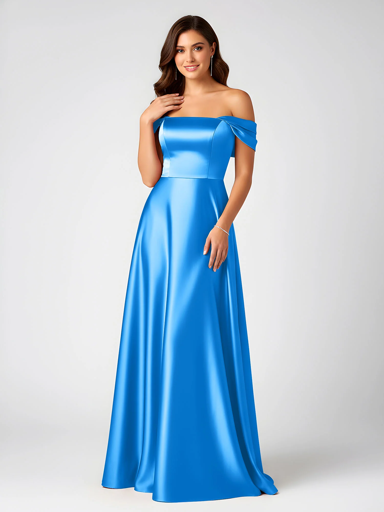 Off-Shoulder Folded Sleeve A-Line Satin Gown Ocean Blue