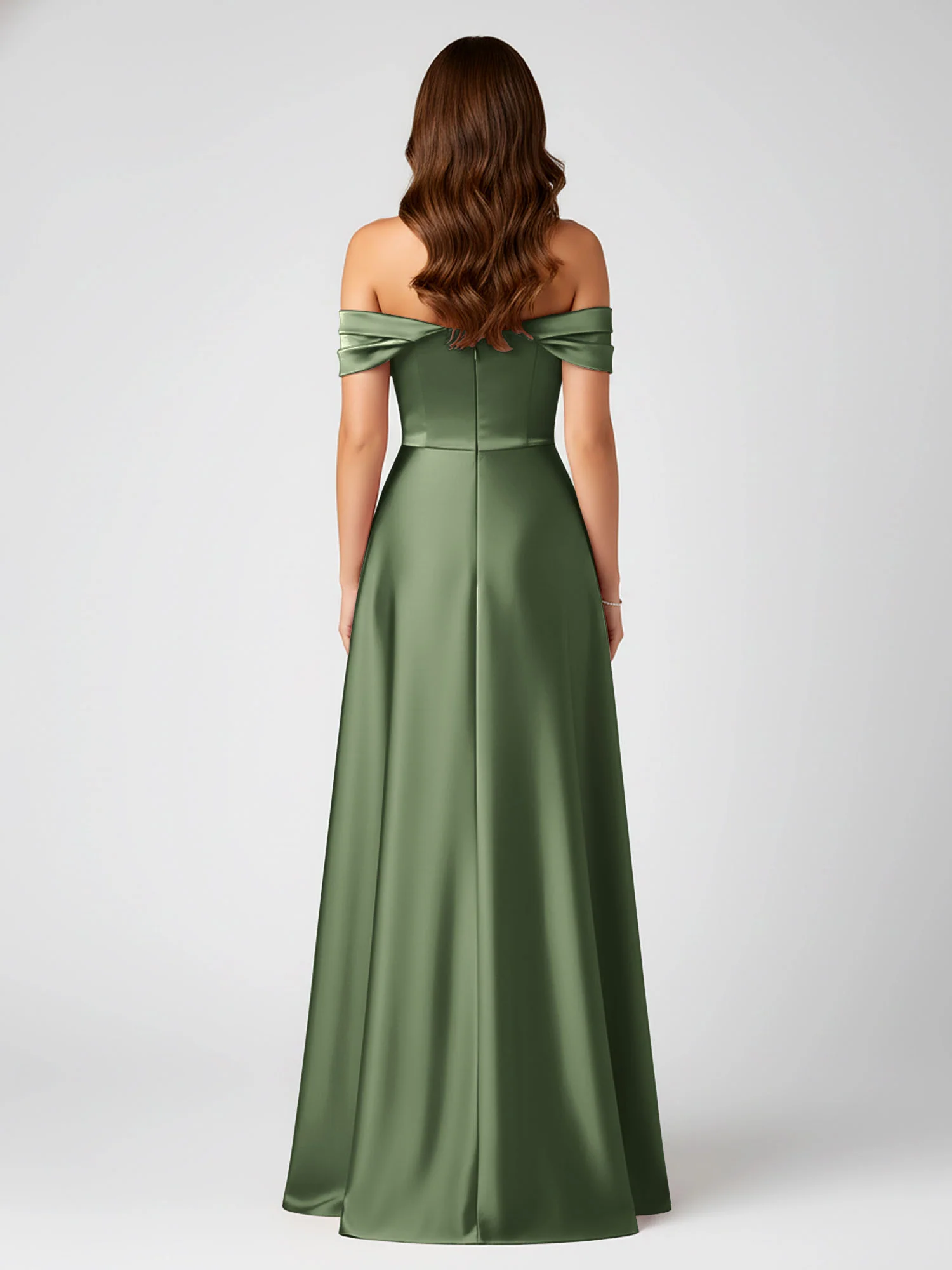 Off-Shoulder Folded Sleeve A-Line Satin Gown Olive Green - Image 2
