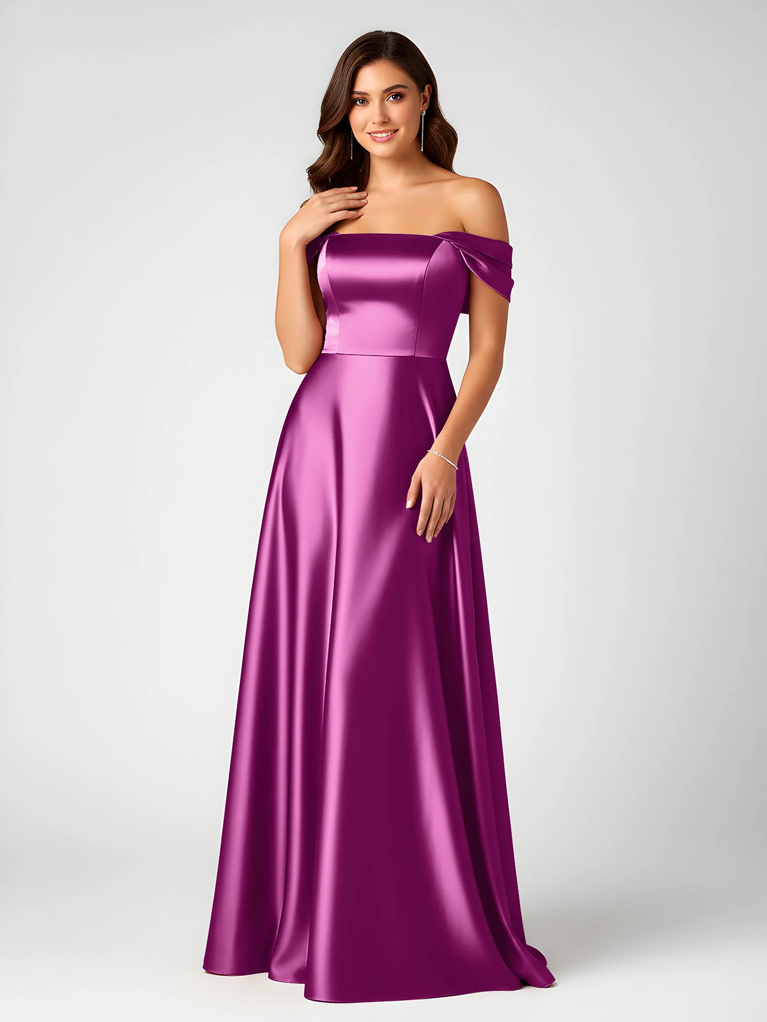 Off-Shoulder Folded Sleeve A-Line Satin Gown Orchid