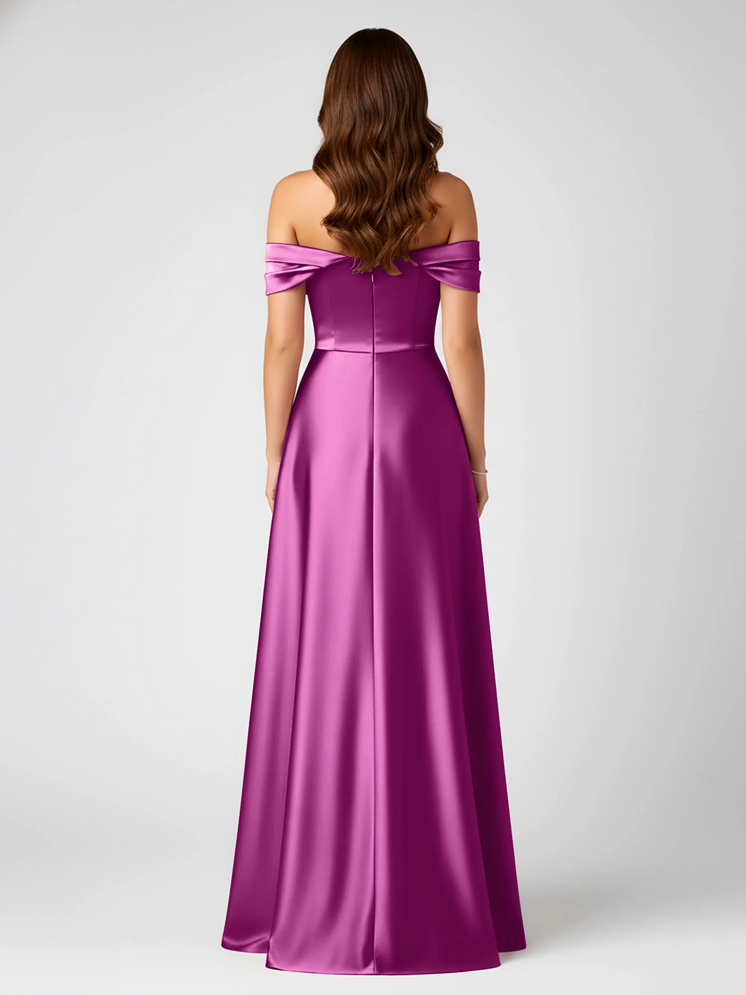 Off-Shoulder Folded Sleeve A-Line Satin Gown Orchid - Image 2