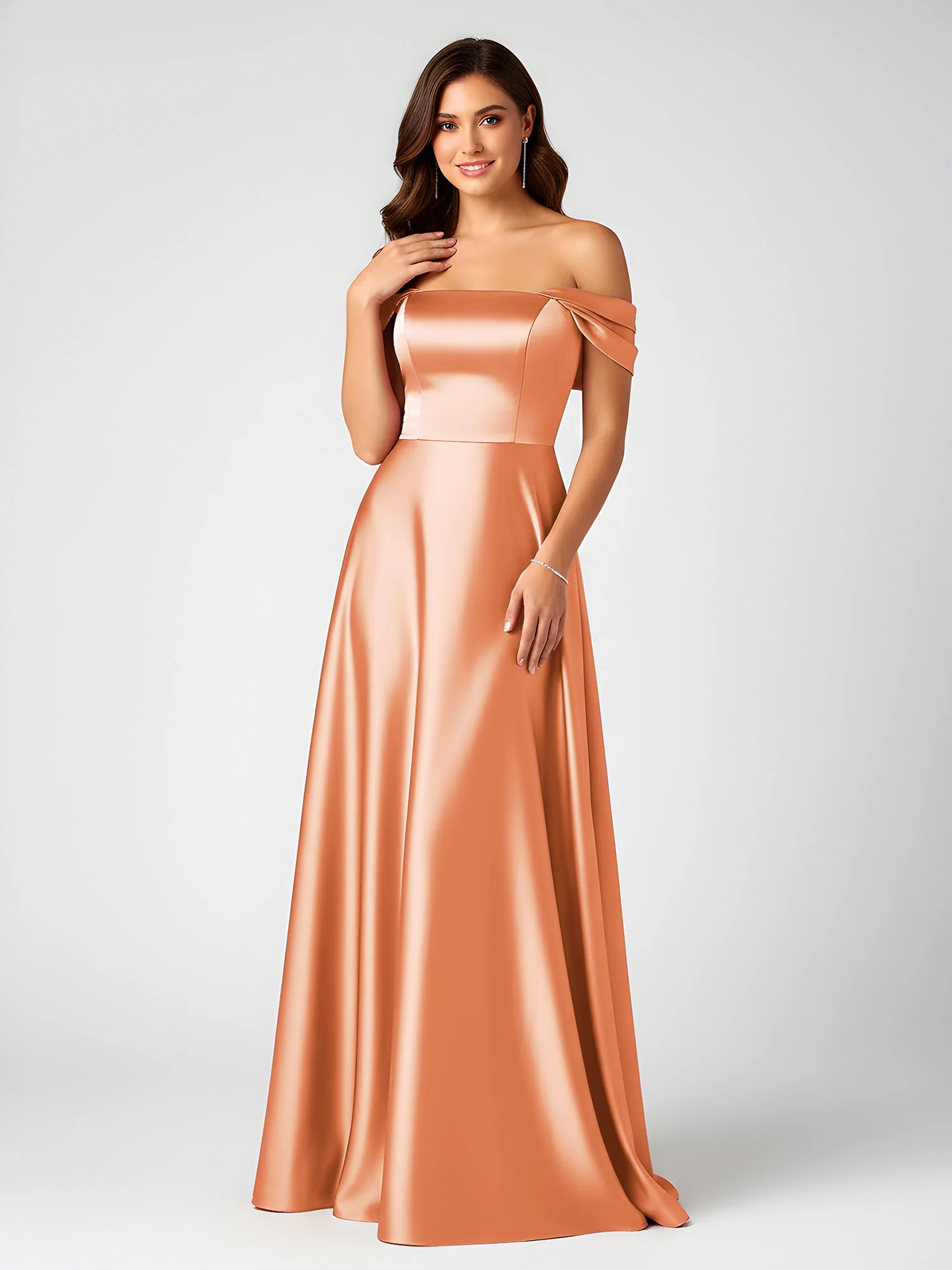 Off-Shoulder Folded Sleeve A-Line Satin Gown Papaya