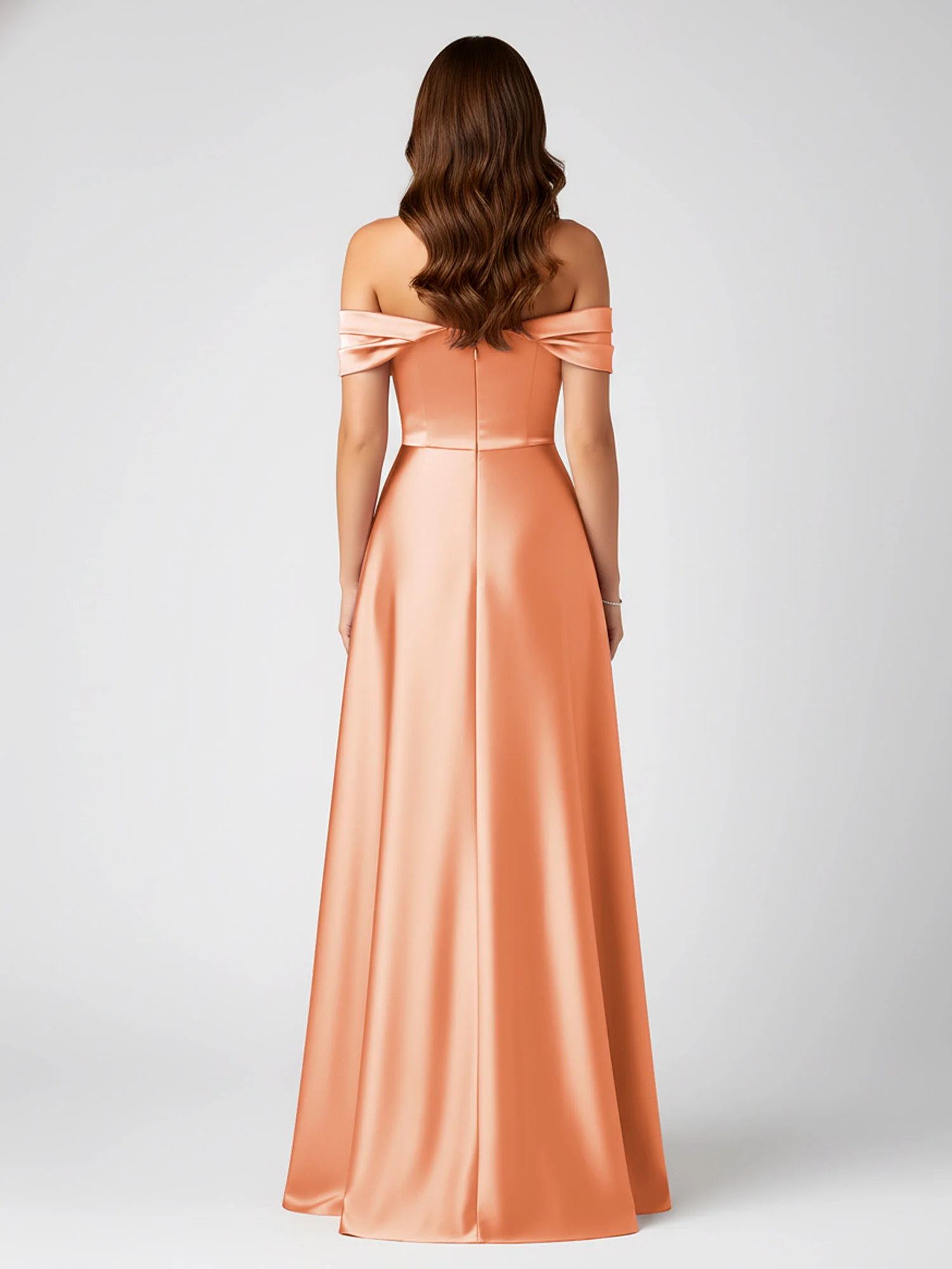 Off-Shoulder Folded Sleeve A-Line Satin Gown Papaya - Image 2