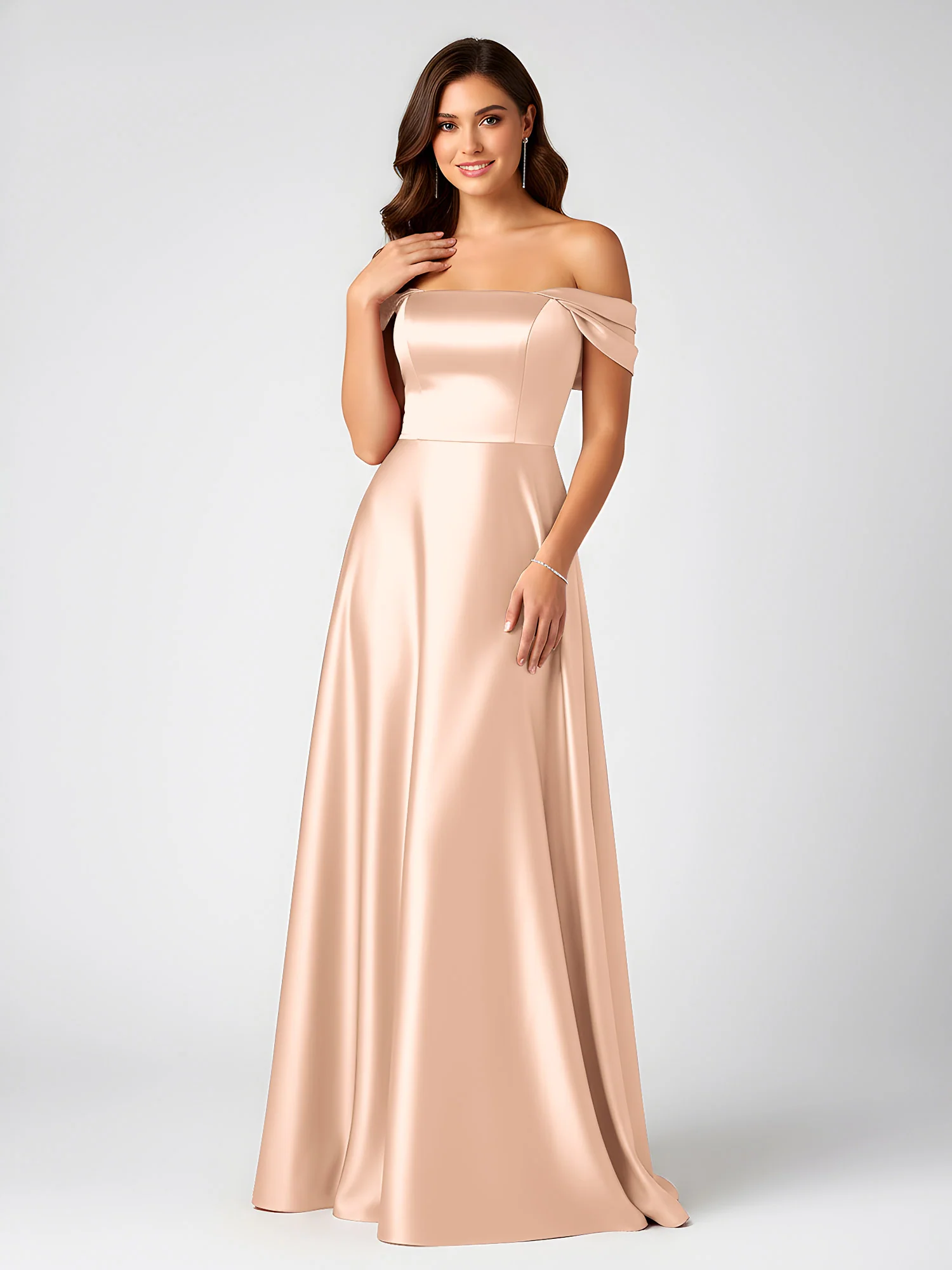 Off-Shoulder Folded Sleeve A-Line Satin Gown Peach