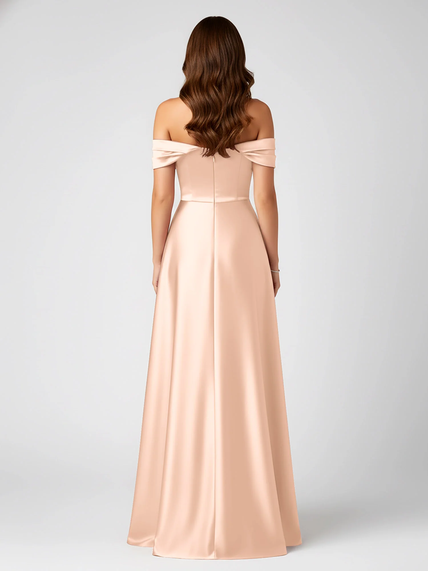 Off-Shoulder Folded Sleeve A-Line Satin Gown Peach - Image 2