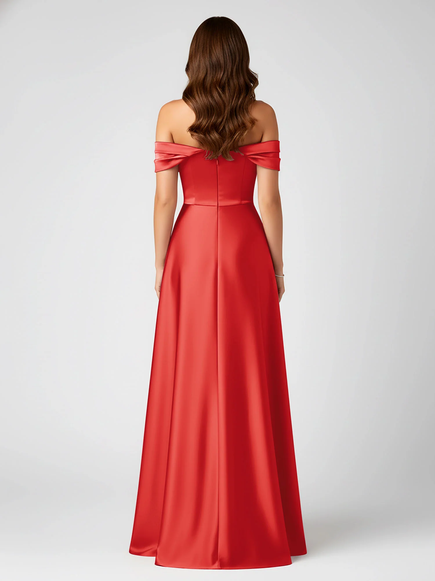 Off-Shoulder Folded Sleeve A-Line Satin Gown Red - Image 2