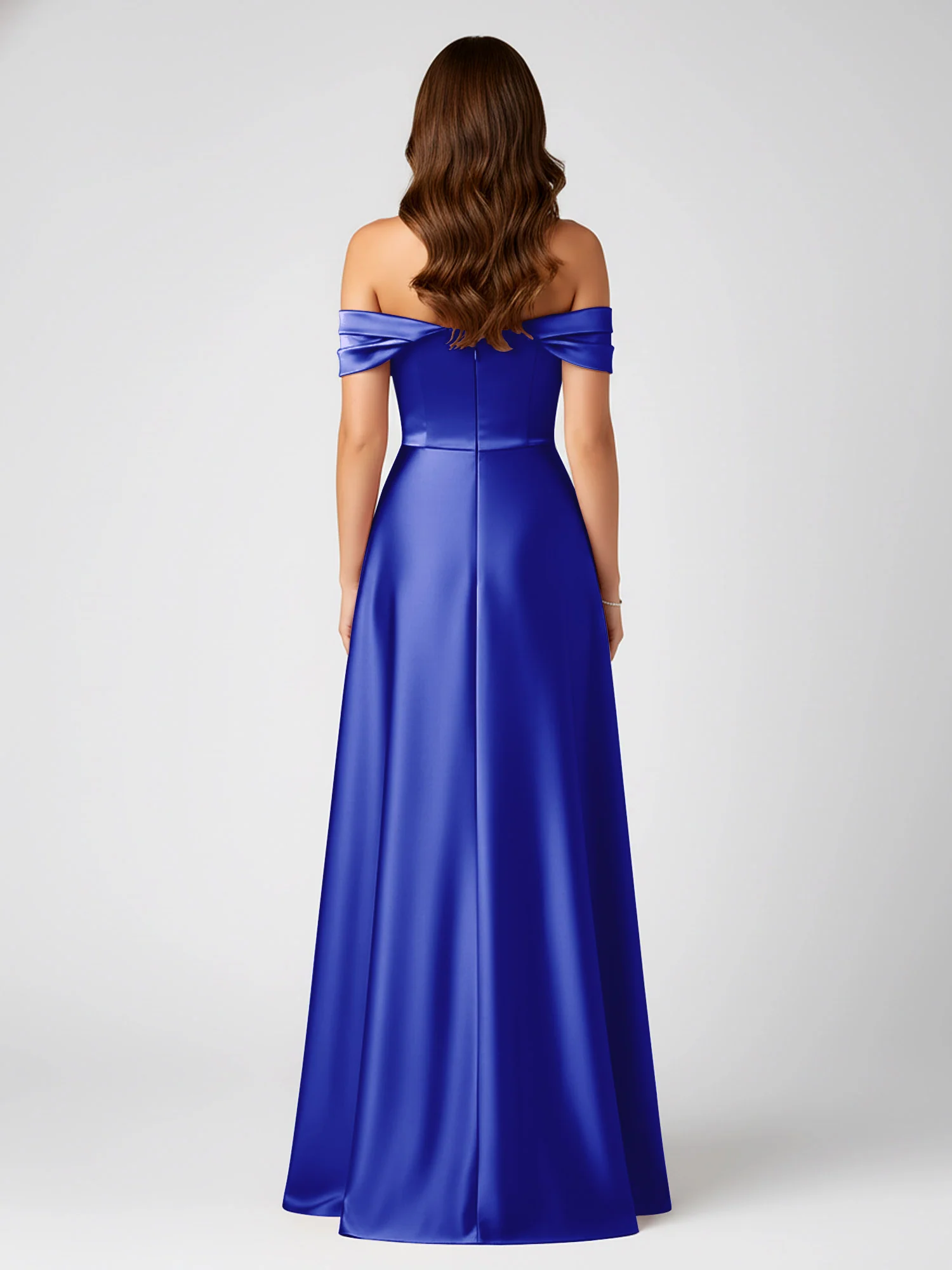 Off-Shoulder Folded Sleeve A-Line Satin Gown Royal Blue - Image 2