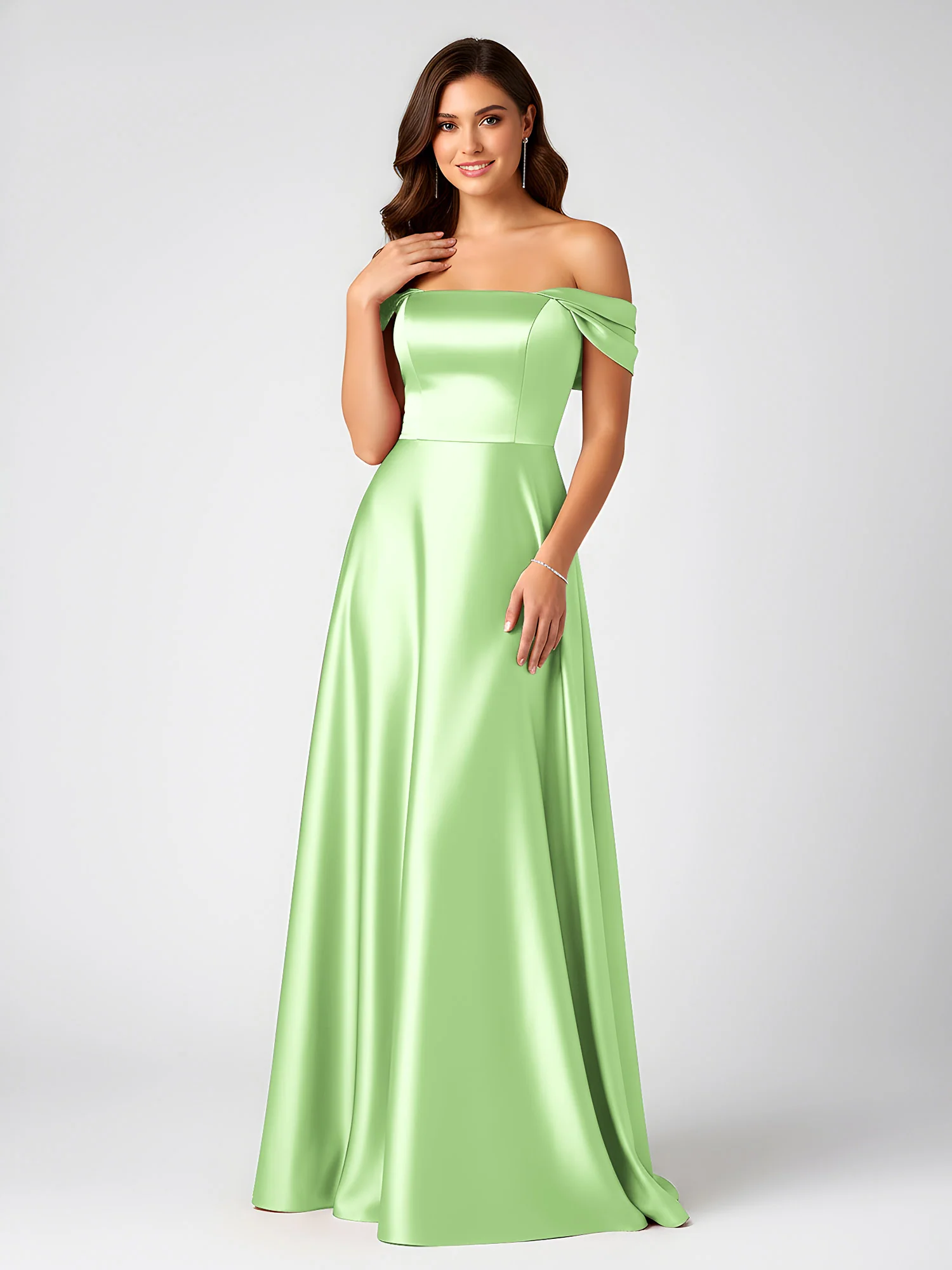 Off-Shoulder Folded Sleeve A-Line Satin Gown Sage