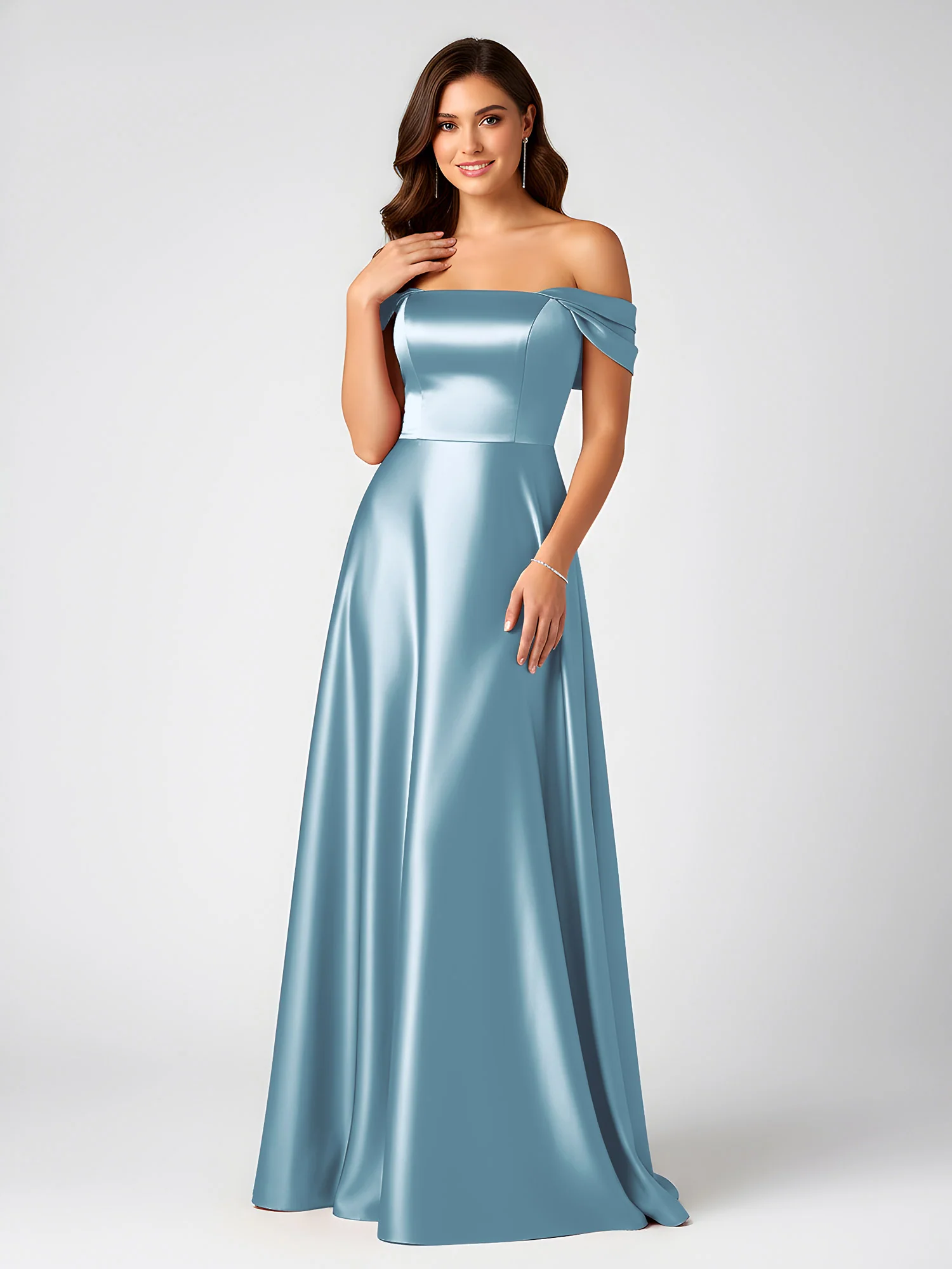 Off-Shoulder Folded Sleeve A-Line Satin Gown Slate Blue