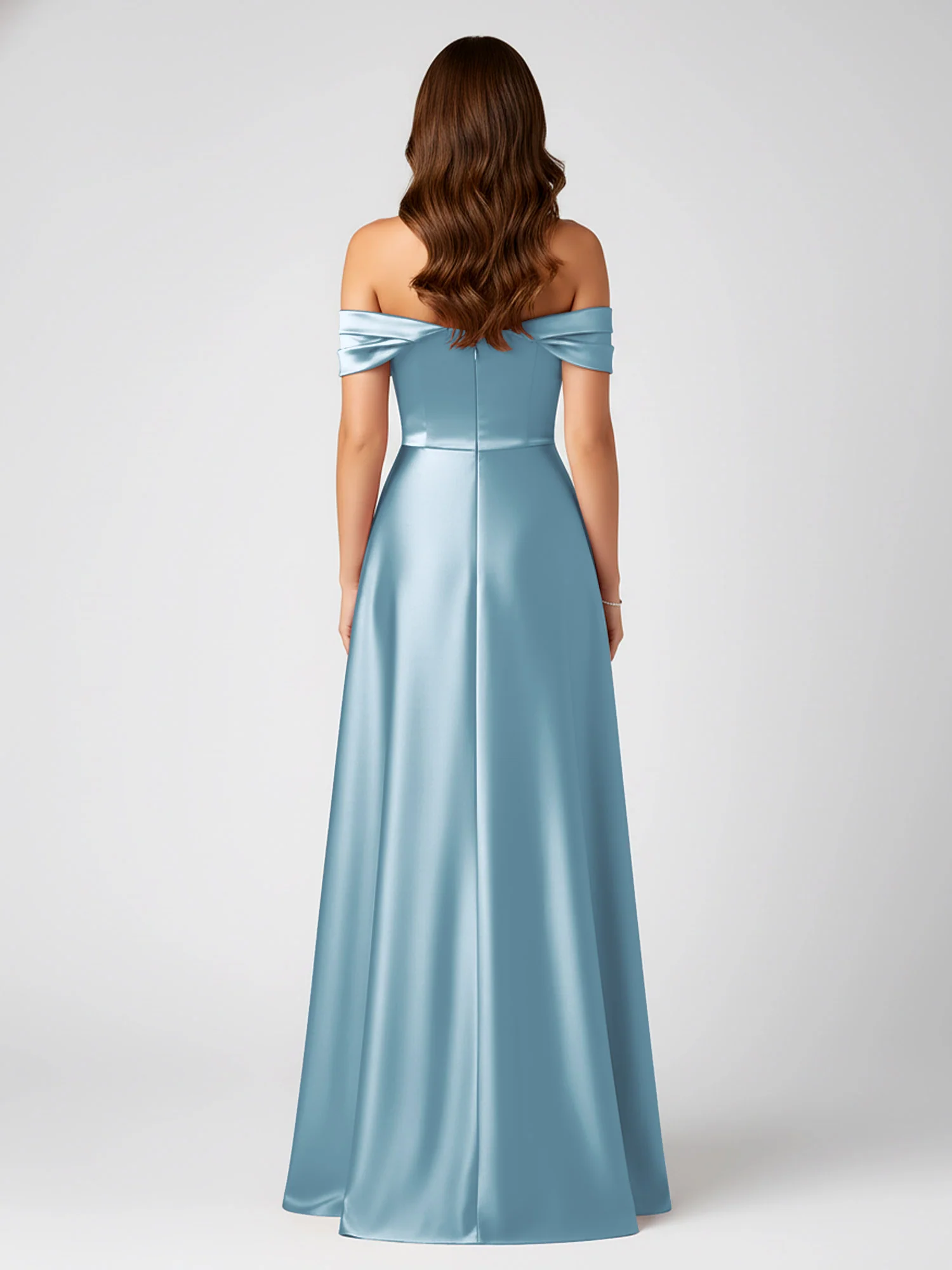 Off-Shoulder Folded Sleeve A-Line Satin Gown Slate Blue - Image 2