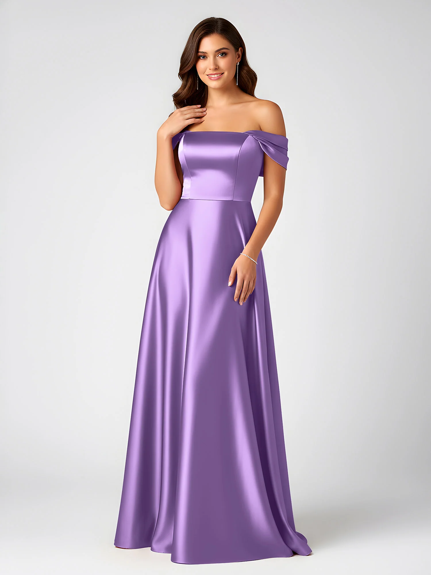 Off-Shoulder Folded Sleeve A-Line Satin Gown Tahiti