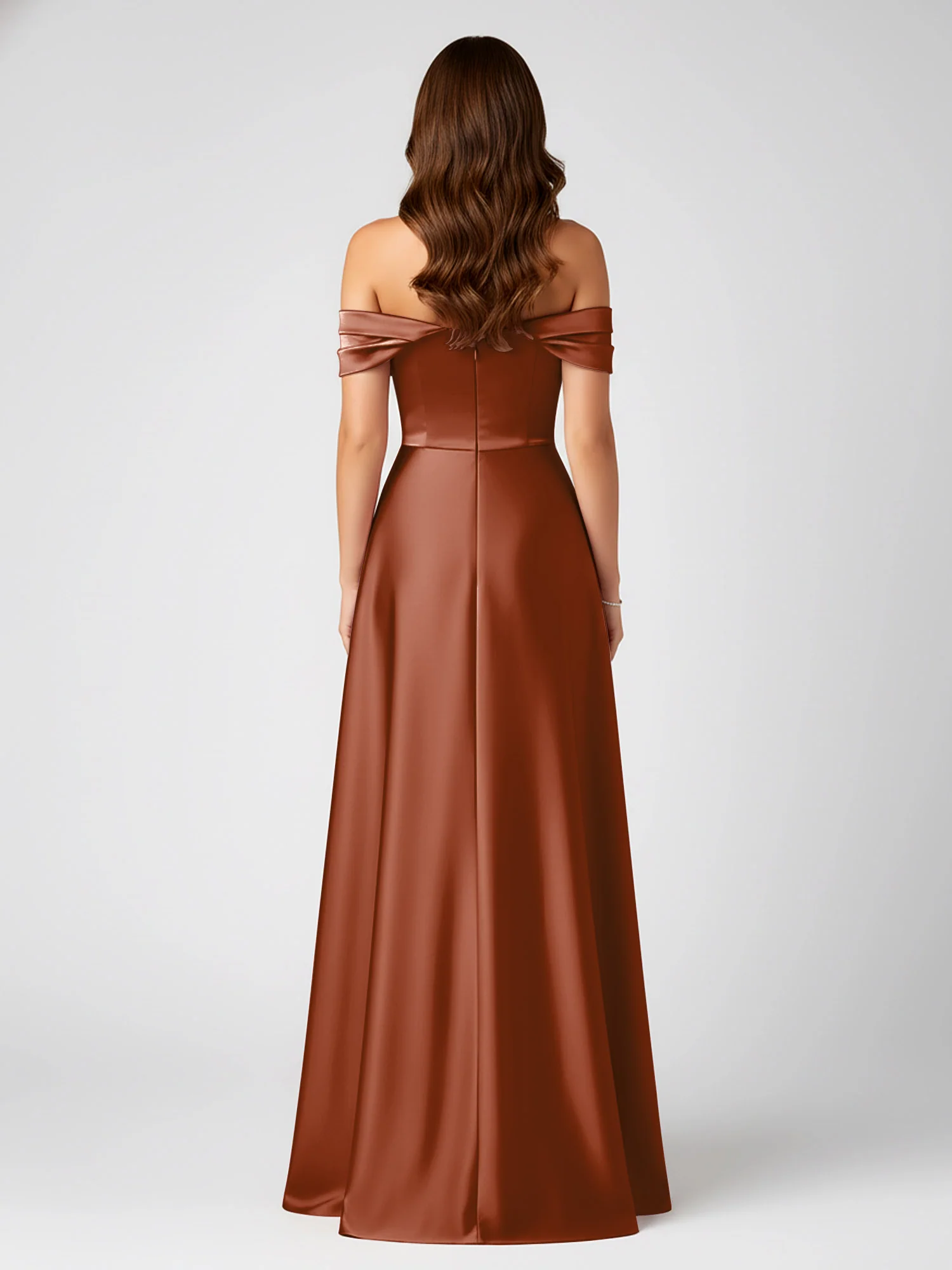 Off-Shoulder Folded Sleeve A-Line Satin Gown Terracotta - Image 2