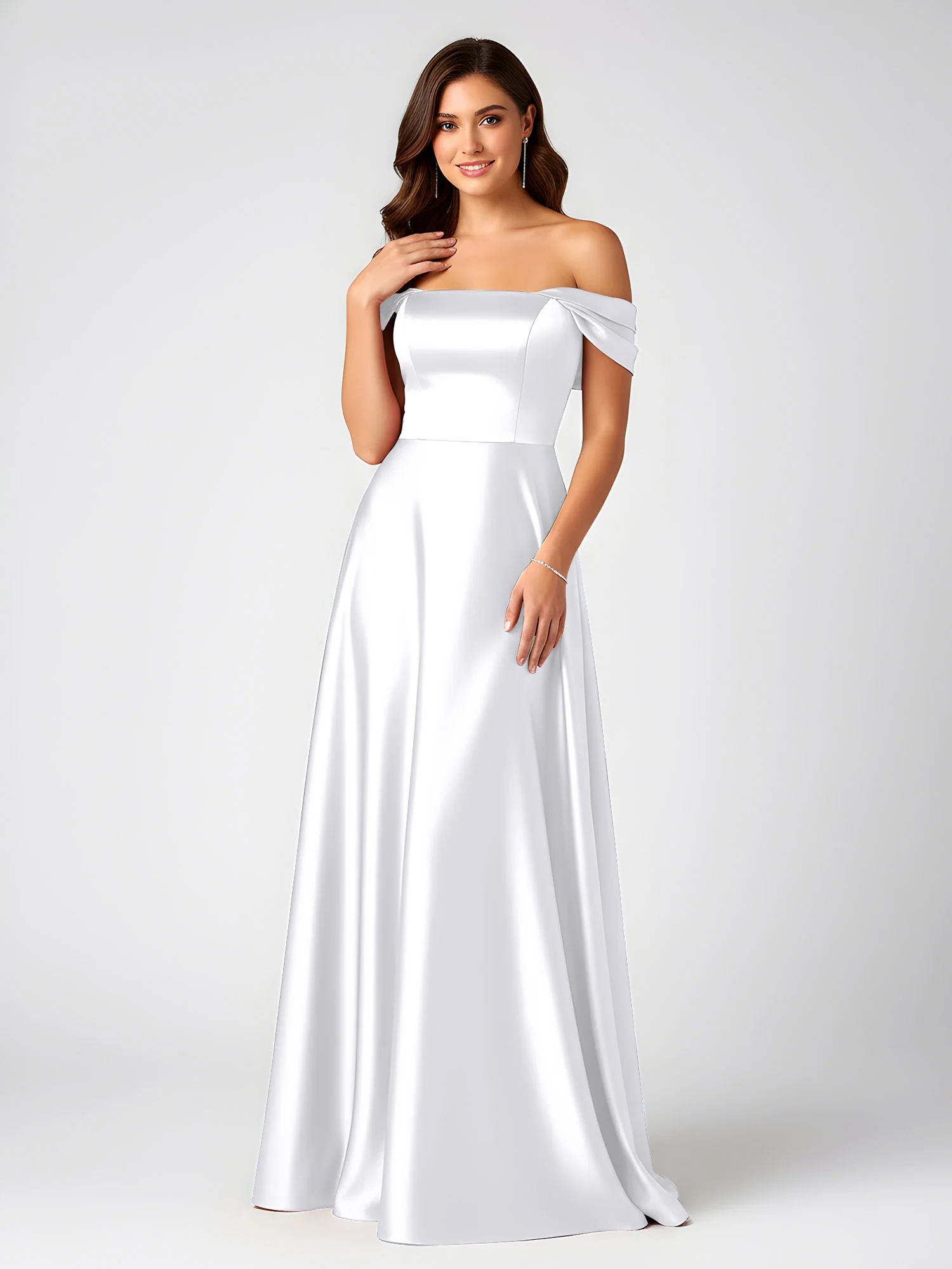 Off-Shoulder Folded Sleeve A-Line Satin Gown White