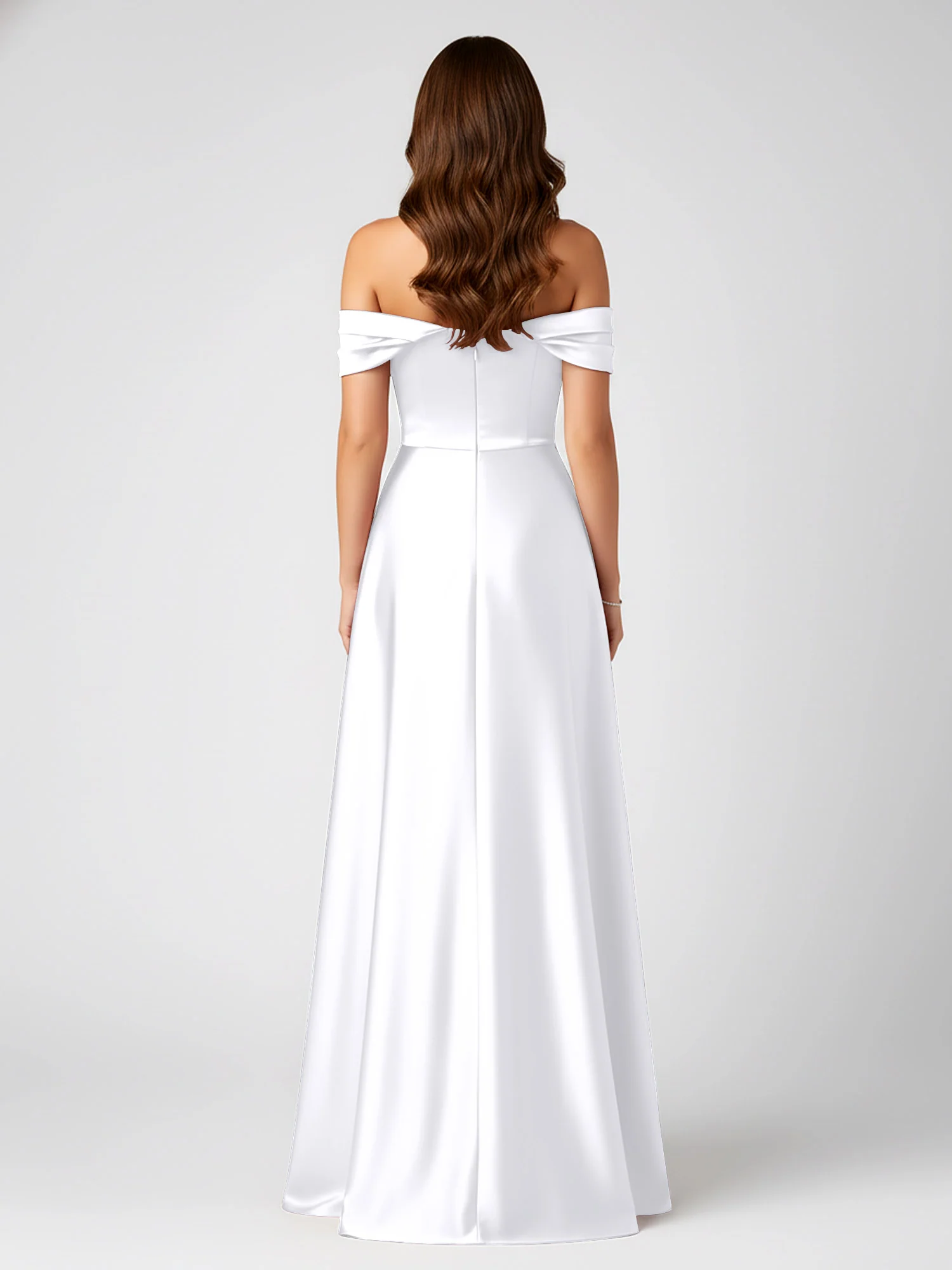 Off-Shoulder Folded Sleeve A-Line Satin Gown White - Image 2